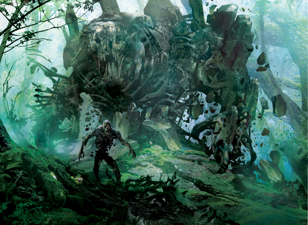 《Magic: The Gathering》中的 Sepulchral Primordial 壁紙 — 一個巨大的骷髏怪物在迷霧籠罩的綠色森林中若隱若現，一個類似殭屍的身影穿過詭異的灌木叢向前移動。