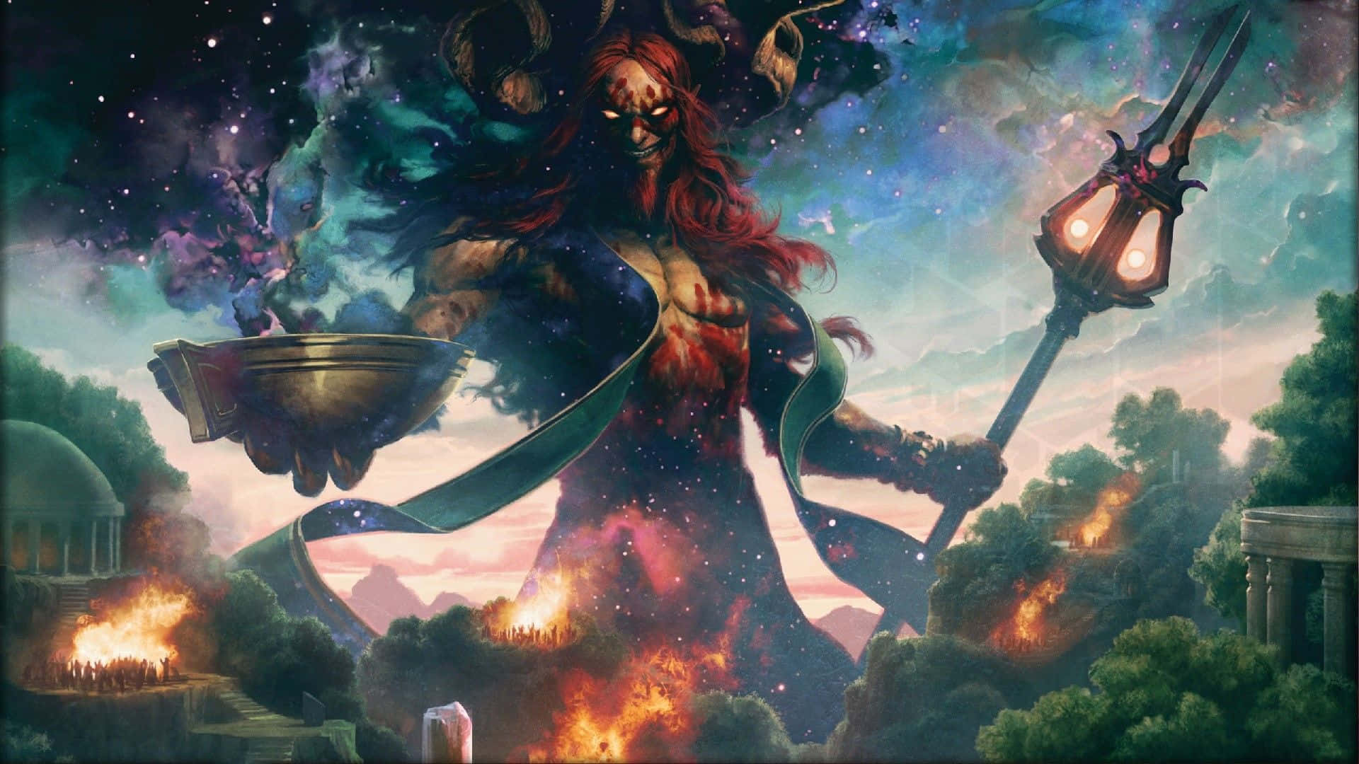 紅髮宇宙惡魔在燃燒的森林和星空下手持火焰法杖和碗。