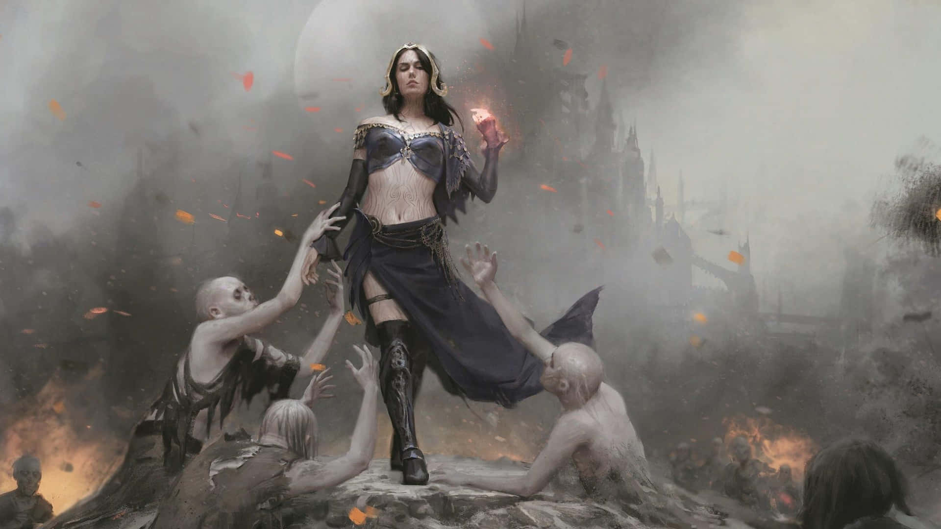 一個奇幻女戰士站在岩石上，骷髏形狀在煙霧彌漫的戰場上向她伸手。