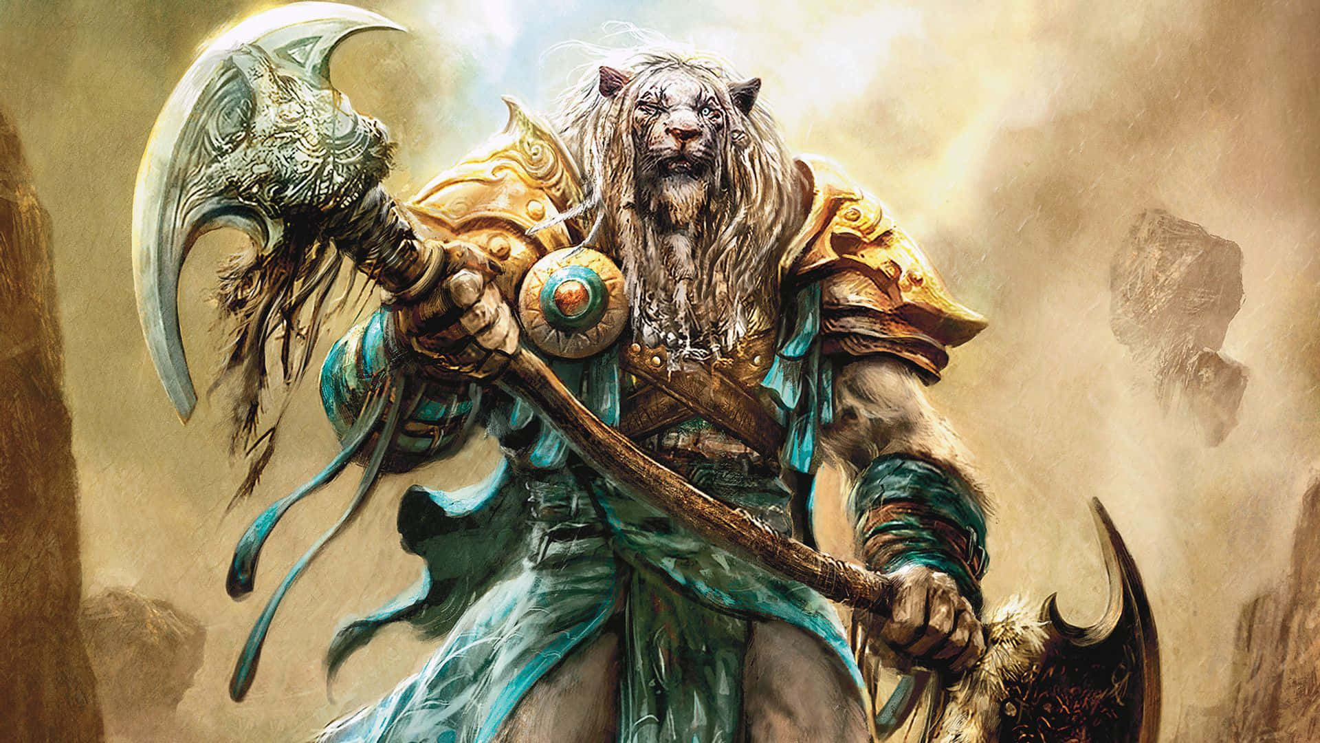 獅頭戰士身穿金色和藍色盔甲，在塵土飛揚的戰場上手持一把巨大的彎曲斧頭。