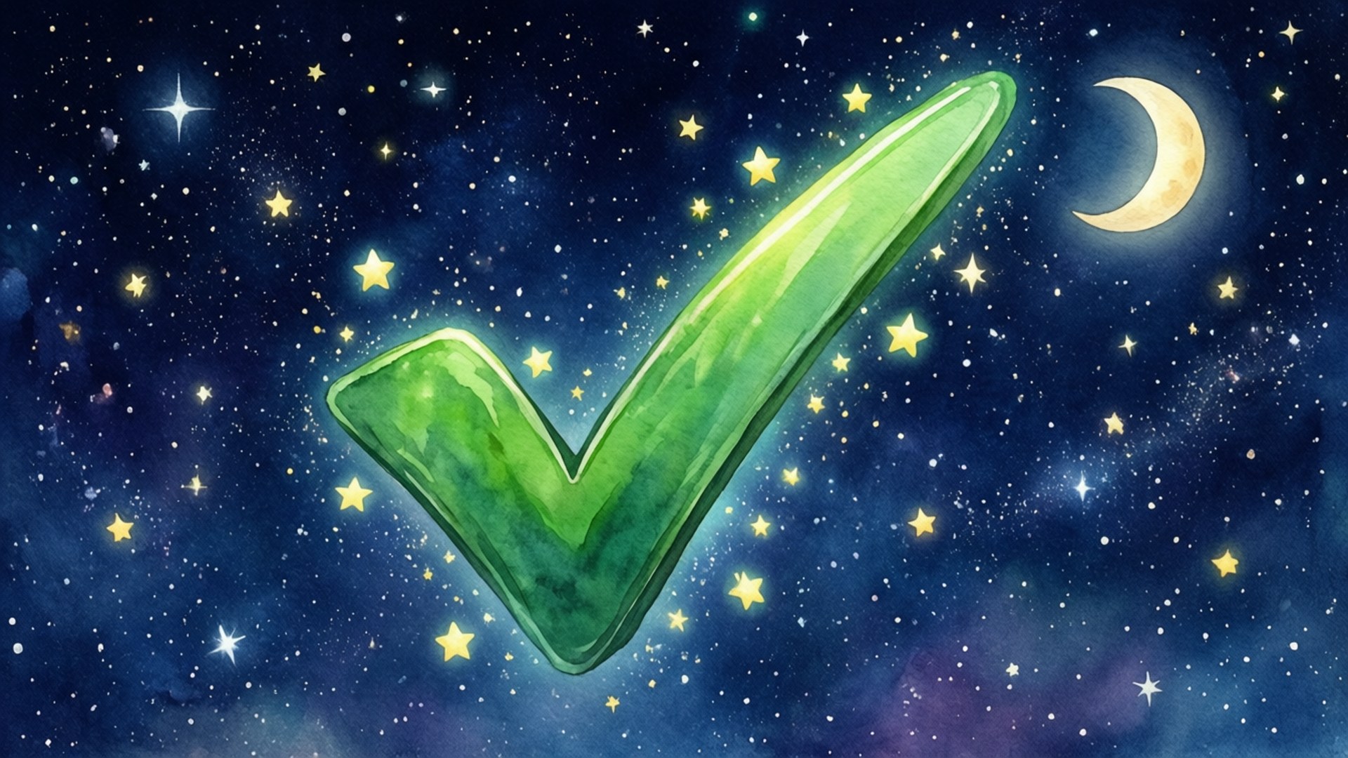 在星空和彎月的夜空中的一個大綠色剔號