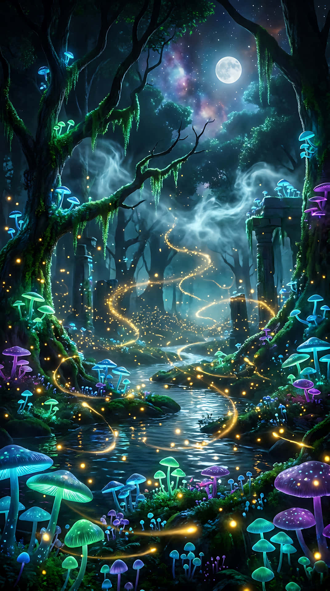 Magical Enchanted Forest at Night with Glowing Mushrooms, Fireflies, and Full Moon Background 壁紙 — 月光下，一個神秘的夜晚森林，有發光的蘑菇和閃爍的小溪。