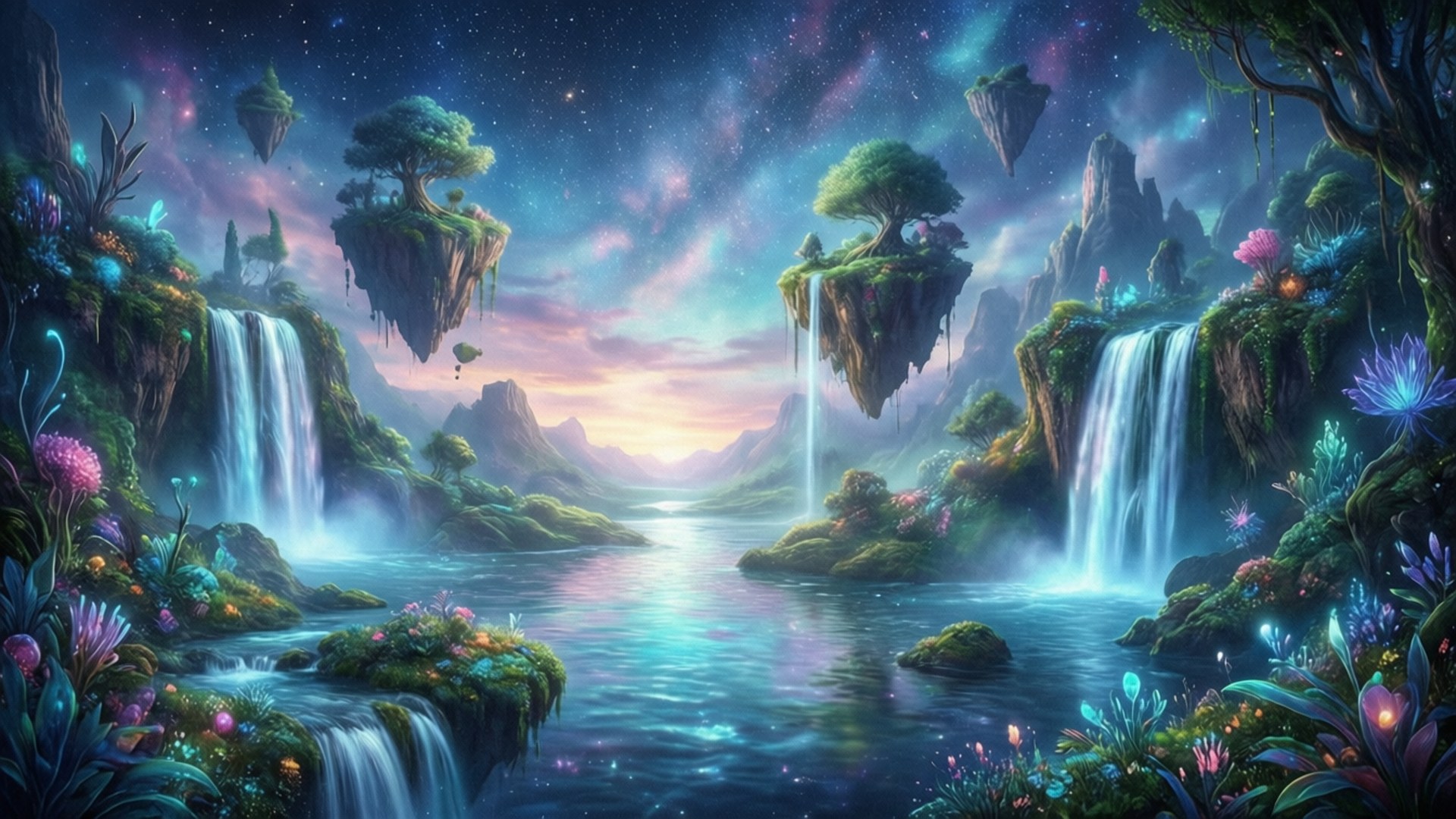 桌布 壁紙 — 一個神奇的奇幻景觀，有浮島、瀑布和發光的植物，在星光燦爛的暮色天空下。