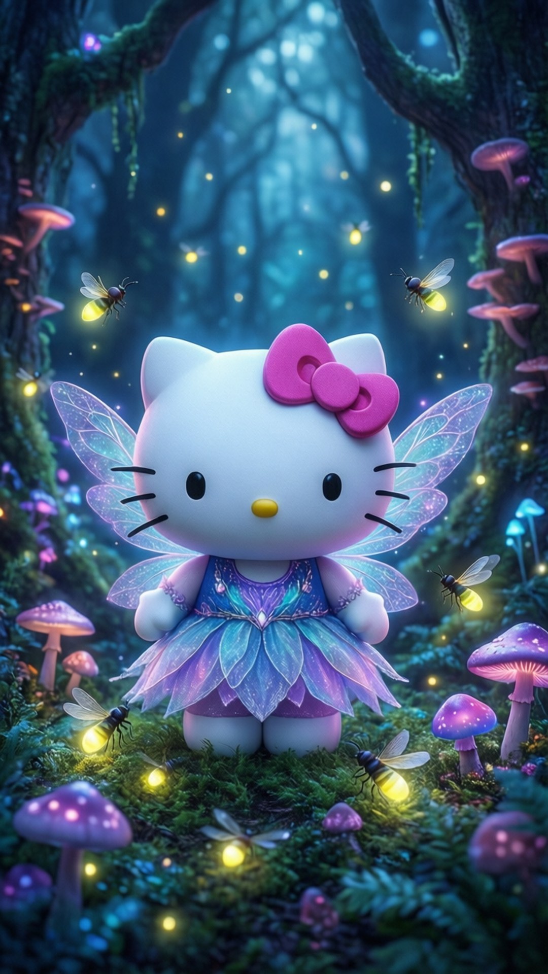Hello Kitty 仙子在發光森林中與螢火蟲和蘑菇