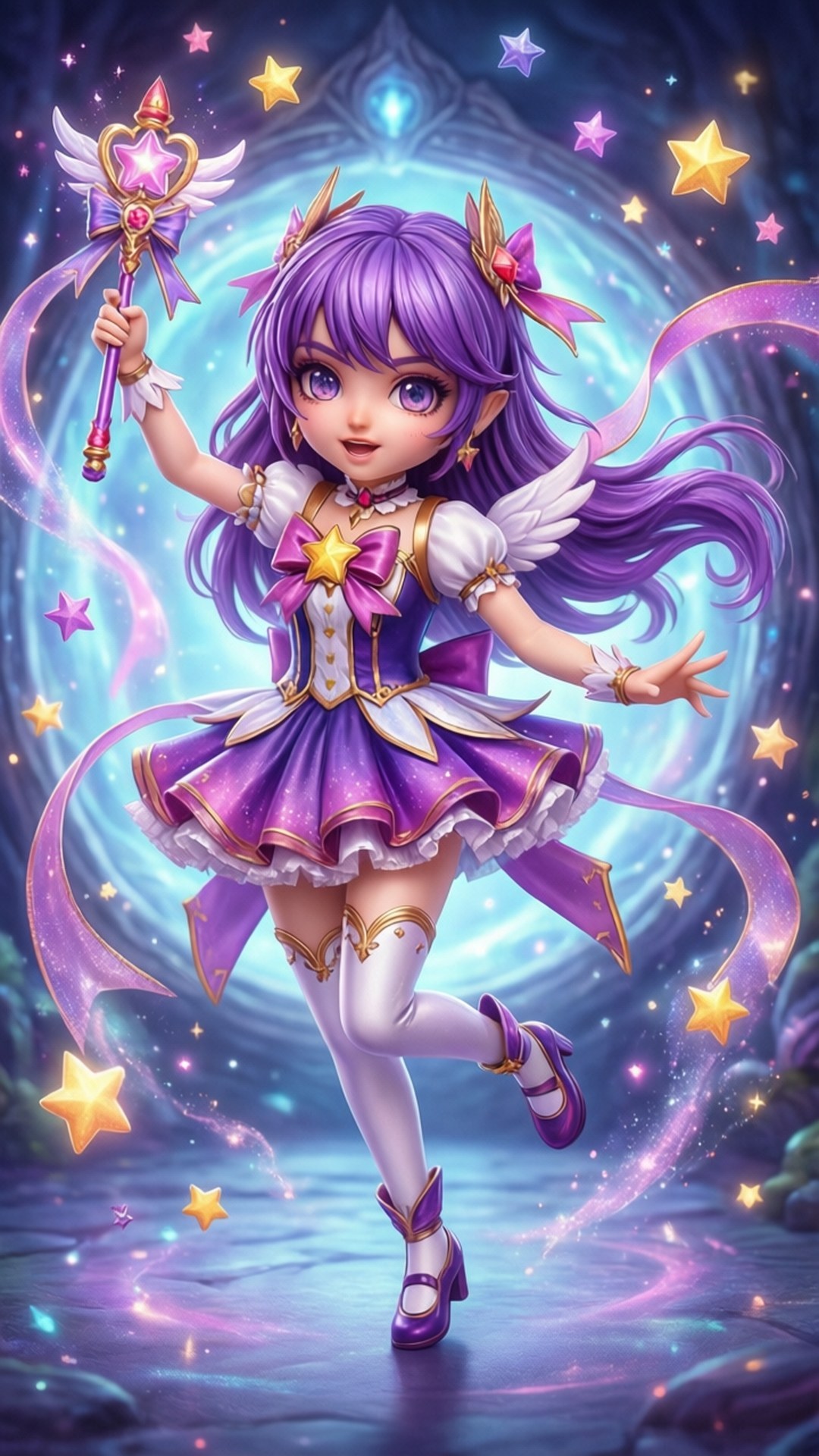 一個紫色頭髮的動畫風格女孩，有翅膀，被星星和發光的宇宙能量包圍，手持魔法杖。