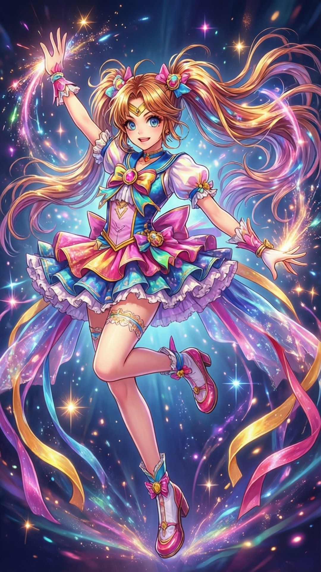 動漫女孩穿著彩色連衣裙在太空中與宇宙火花和絲帶共舞