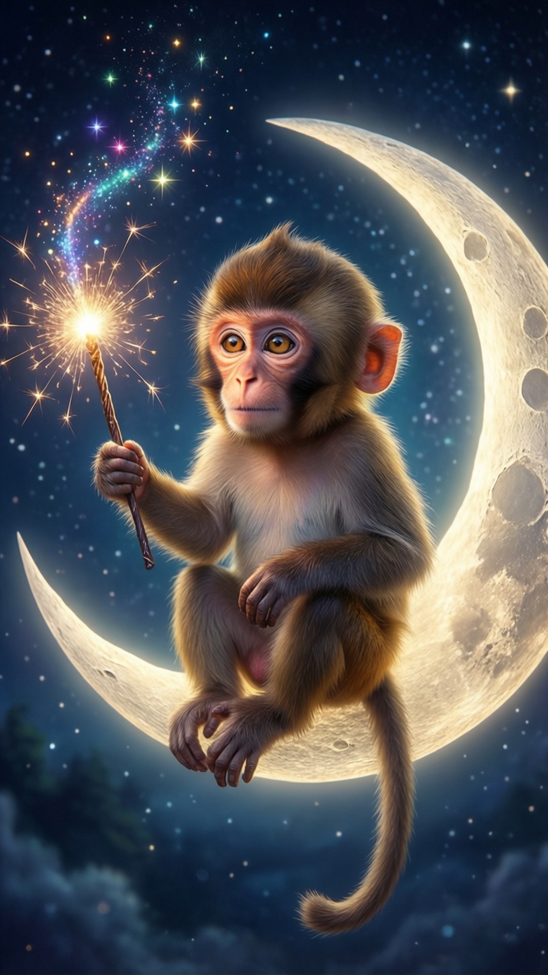 一隻猴子在星空下坐在新月上，手持仙女棒。