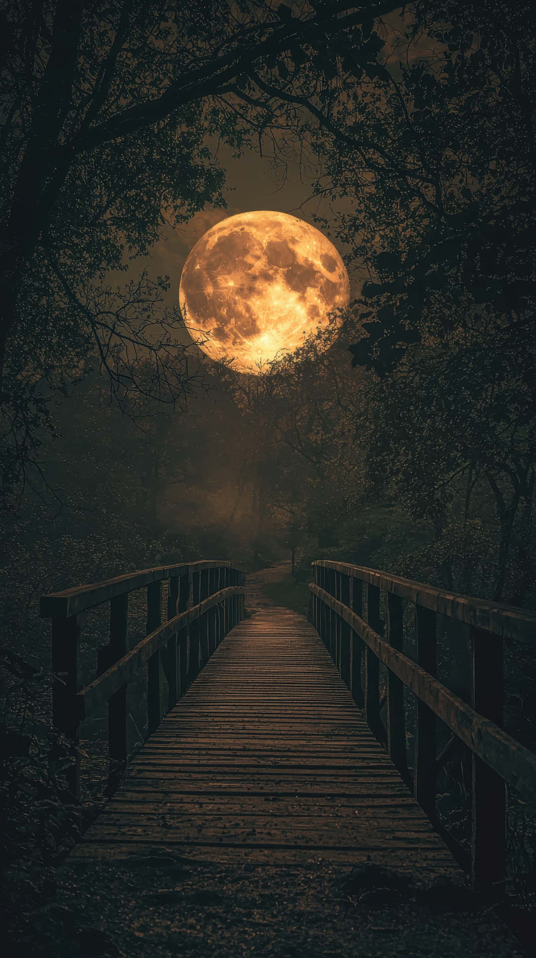 Magical moonlit forest with a glowing moon on a wooden bridge 壁紙 — 一條木橋蜿蜒穿過霧氣瀰漫的森林，朝向一個巨大的橙色滿月，周圍環繞著黑暗的樹木剪影。