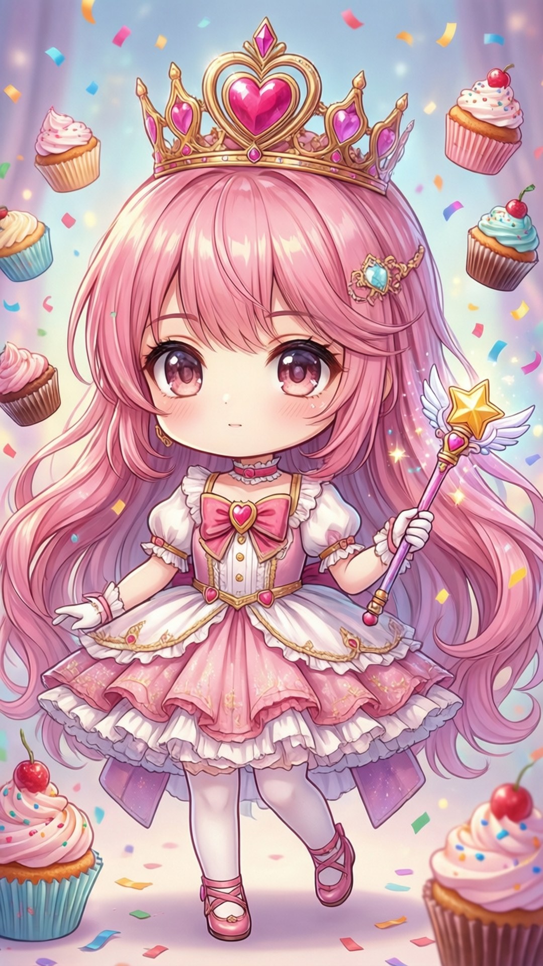 Anime princess in pink dress surrounded by cupcakes and confetti. 壁紙