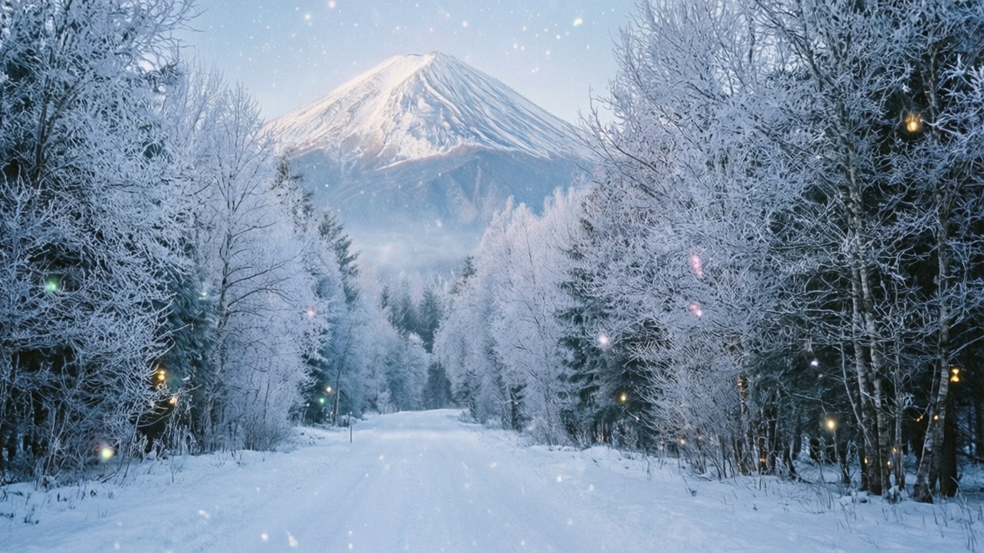被雪覆蓋的道路兩旁是結霜的樹木，通往雪山，雪花飄落