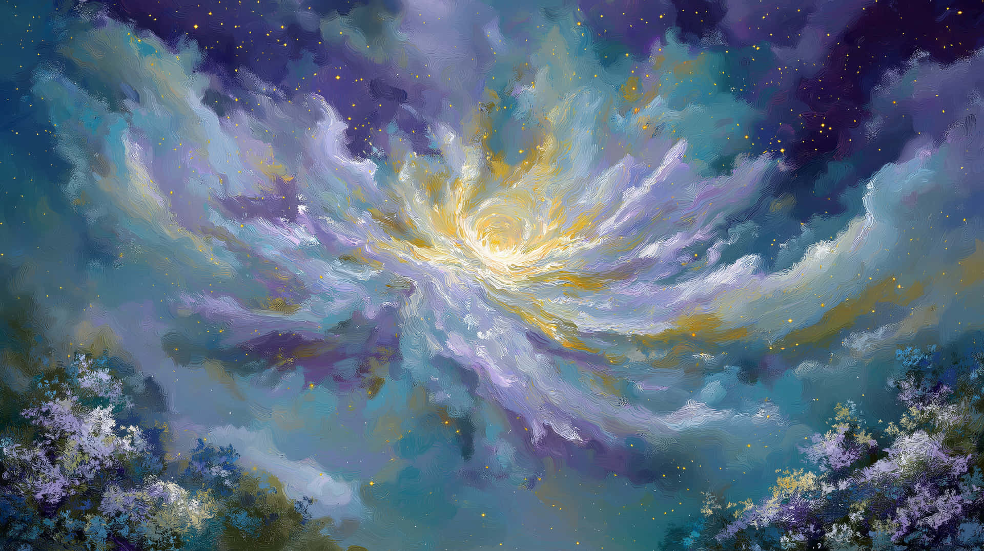 一幅繪畫的宇宙星雲，在盛開的薰衣草灌木叢上方有紫色、藍綠色和金色的漩渦。
