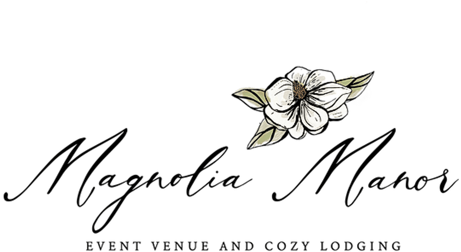 Magnolia Manor 標誌 壁紙 — 一朵精緻的白花，帶有綠葉，位於純黑背景中央。