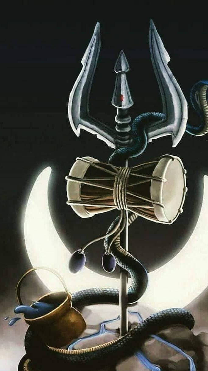Mahakal三叉戟與月牙 壁紙 — 一個銀色三叉戟，上面纏繞著一條蛇和鼓，立於發光的彎月前，附近有一個金色壺。