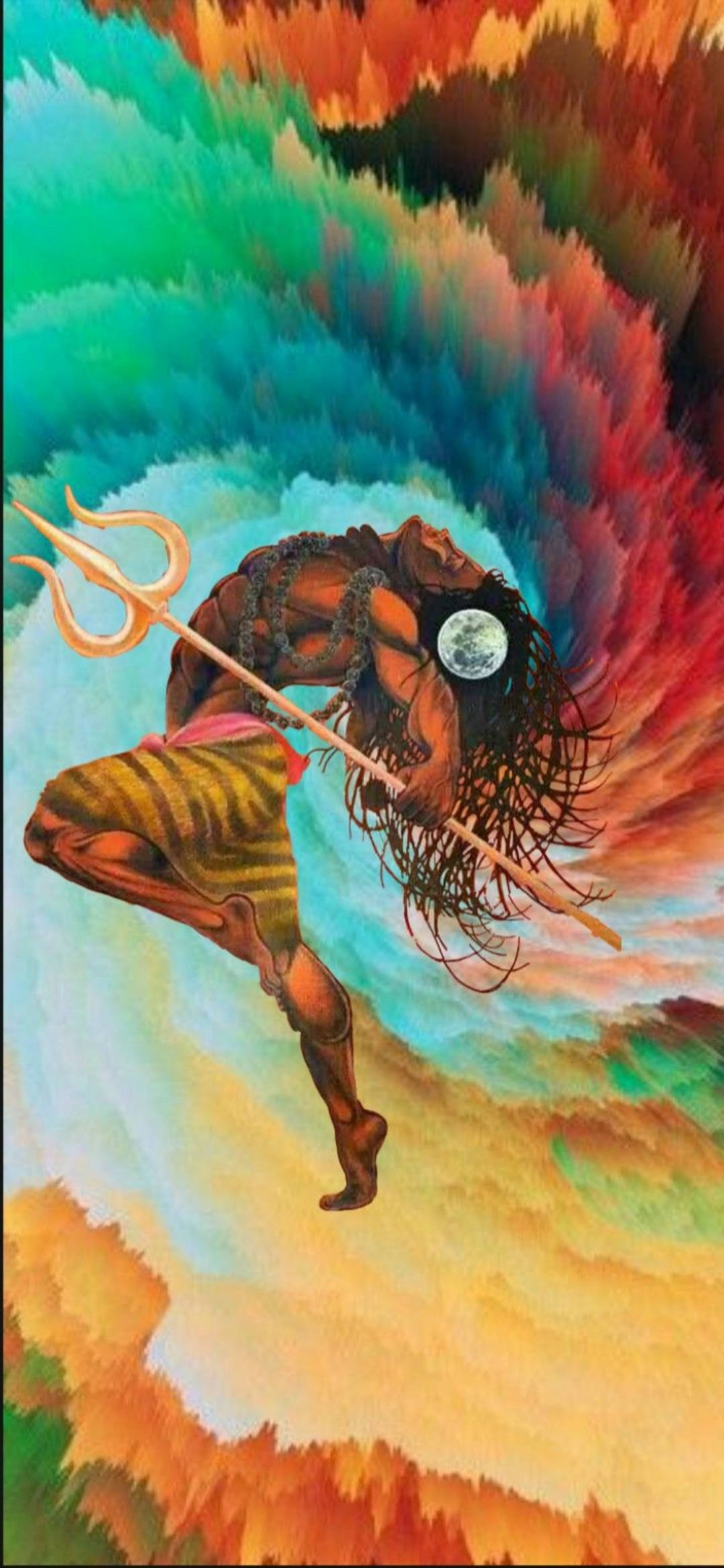 Mahakal 月亮藝術 壁紙 — 一位肌肉發達的神祇，眼中含月，手持三叉戟，動態地躍入旋轉的彩虹色漩渦中。