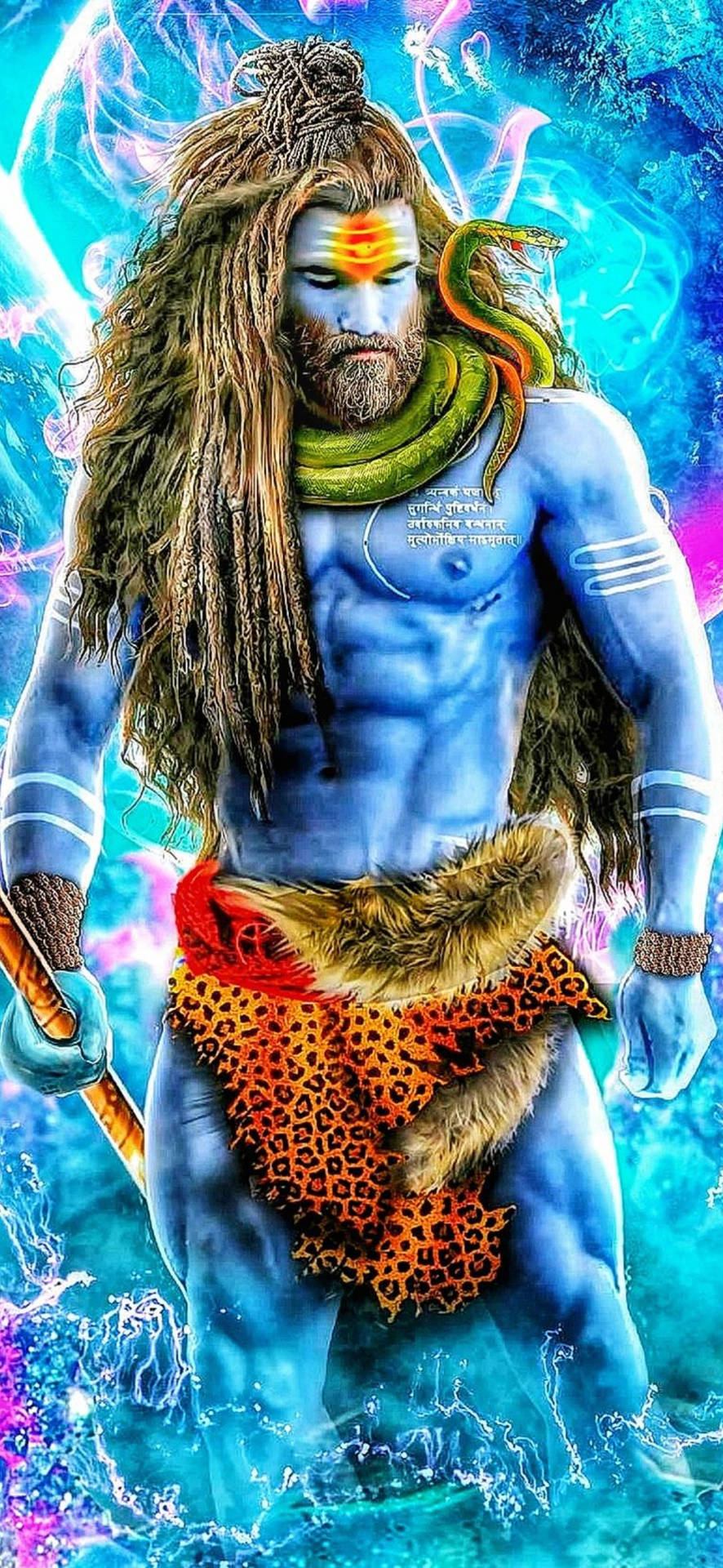 藍皮膚印度教神祇，帶有蛇和發光光環，身處宇宙環境