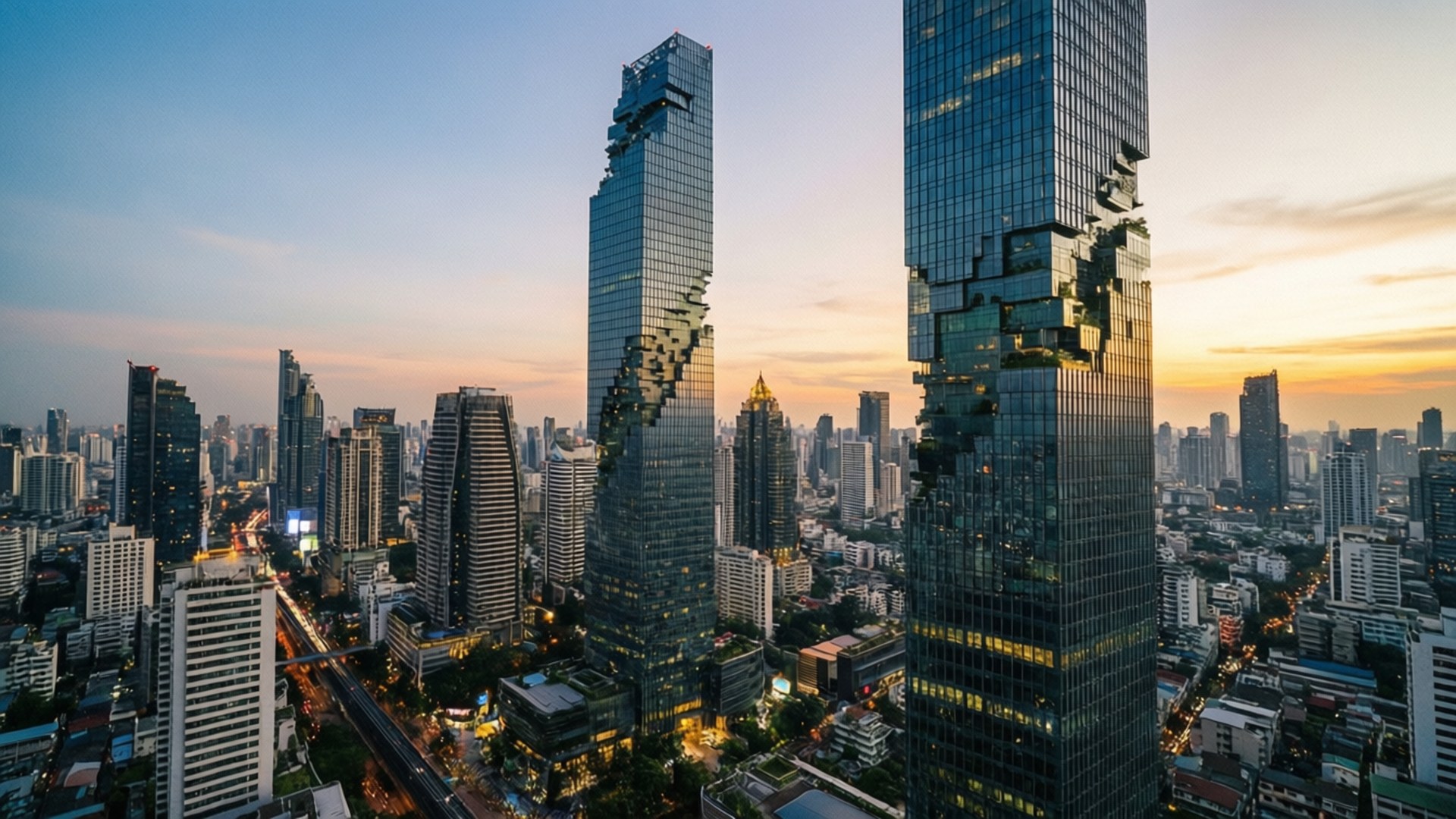 日落時分，密集的城市景觀中，兩座現代玻璃摩天大樓，帶有破碎的立面設計。