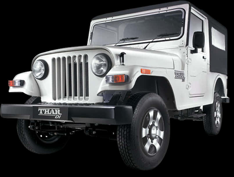 白色Mahindra Thar DI SUV 壁紙 — 一輛白色Mahindra Thar DI吉普車，帶有黑色飾件和銀色輪圈，在純黑色背景下傲然挺立。