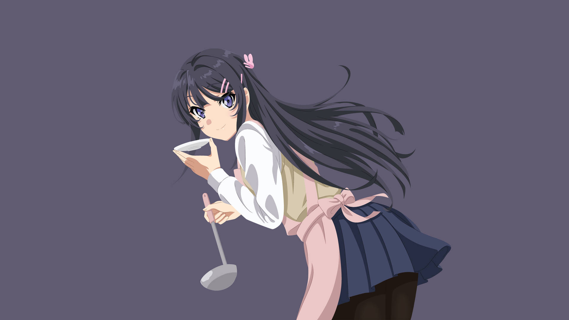 穿著校服的動漫女孩，身體前傾，拿著勺子和碗。