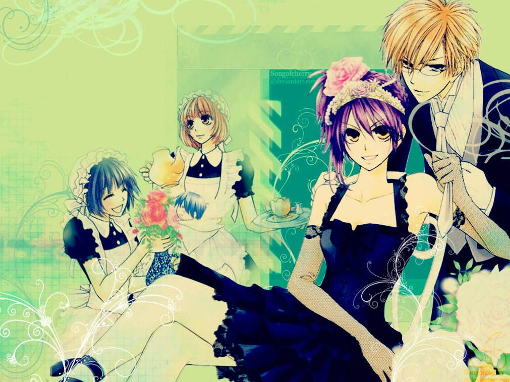 Maid Sama Aoi 與 Kūga 壁紙 — 穿著女僕裝和正式服裝的動漫角色聚集在帶有花卉裝飾的茶桌旁，背景是綠色圖案。