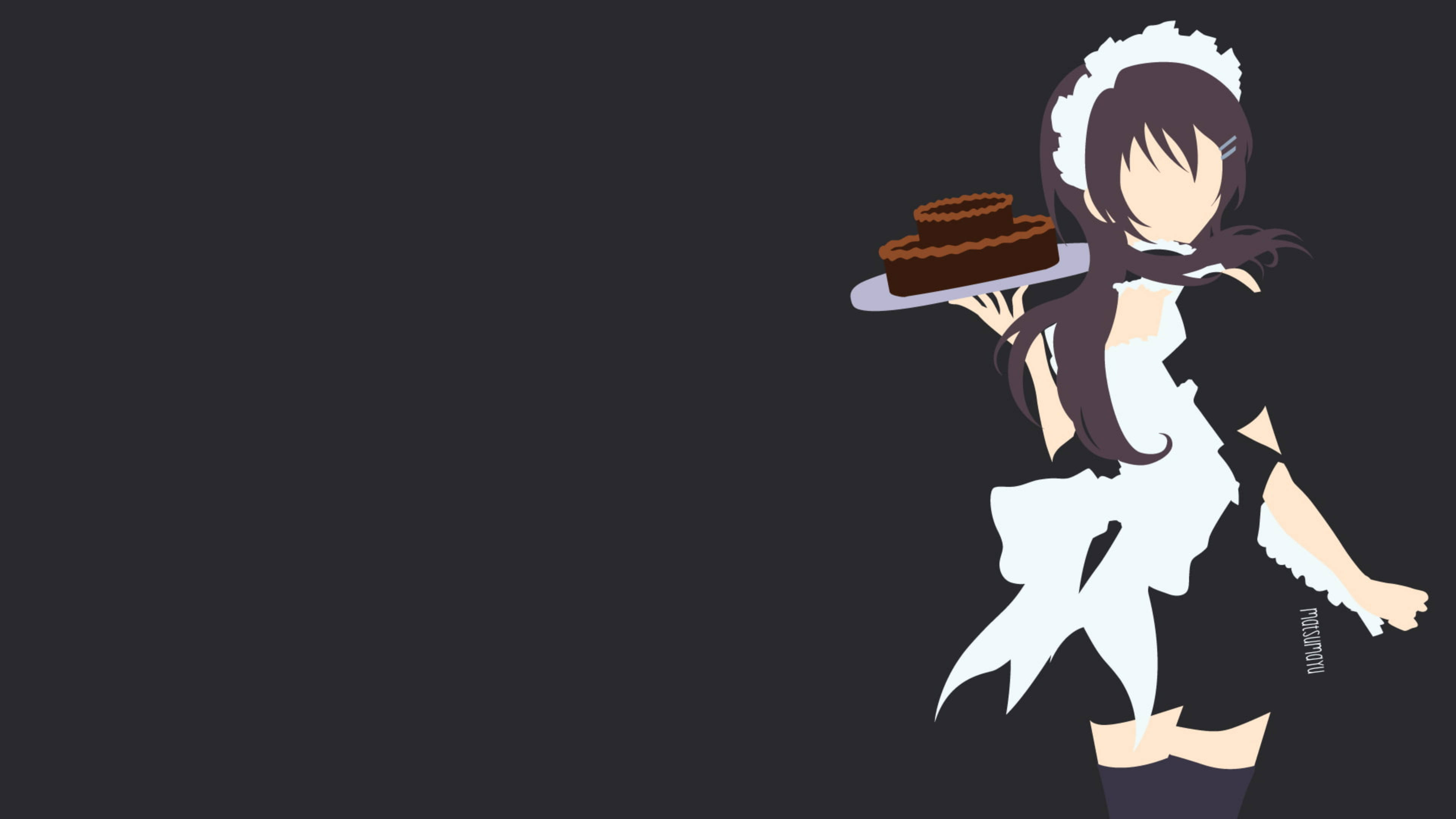 Maid Sama Misaki 持蛋糕托盤 壁紙 — 一個風格化的動漫女僕，深色頭髮，白色圍裙，在黑暗背景下托著托盤上的朱古力蛋糕。