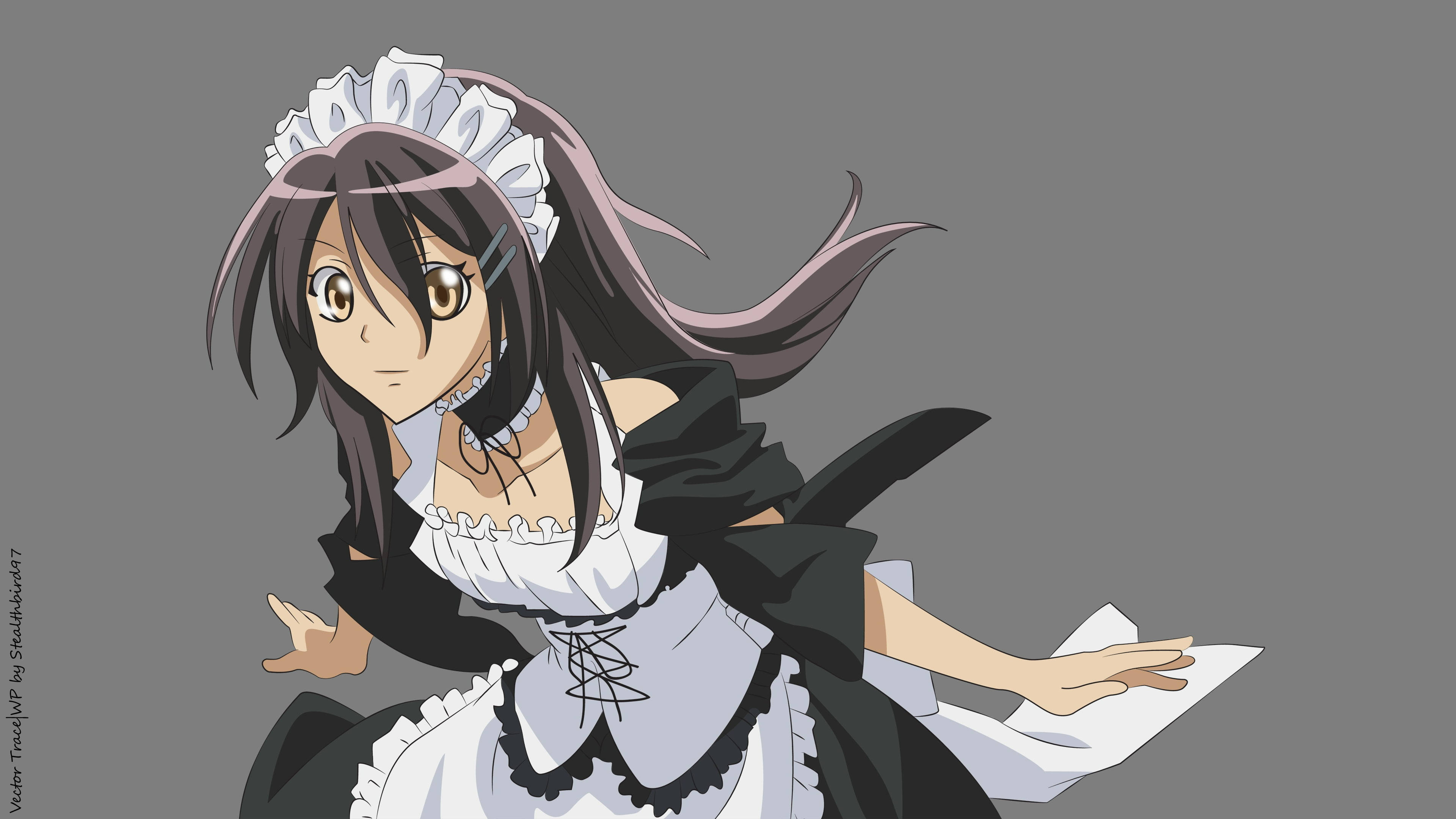 Maid Sama Misaki Ayuzawa 女僕裝造型 壁紙 — 灰色背景前，長黑髮金眼的動漫女僕以動態姿勢呈現。