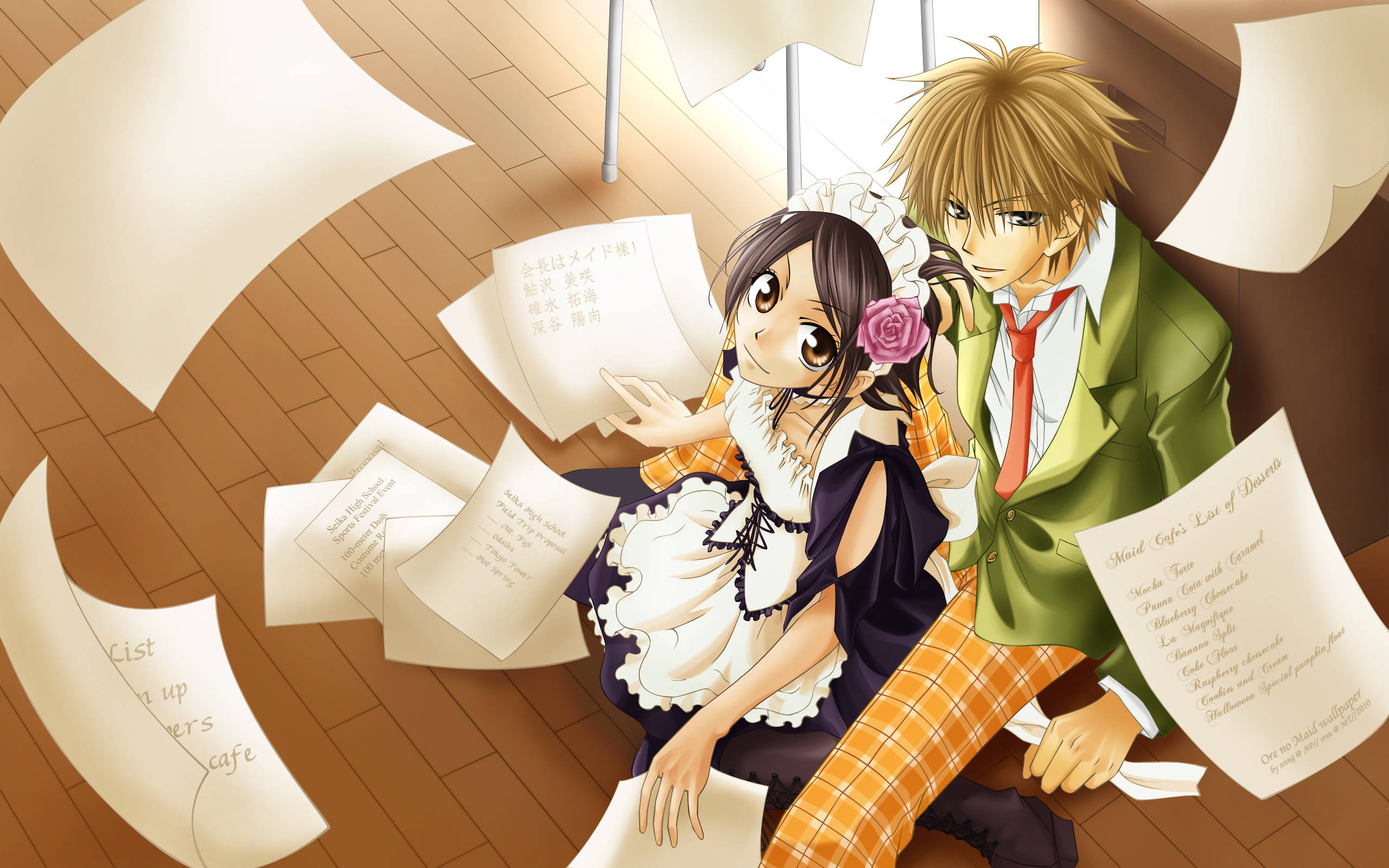 Maid Sama 浮動紙張 壁紙 — 兩個動漫角色坐在木地板上，周圍漂浮著紙張，被手寫清單和溫暖的陽光包圍。