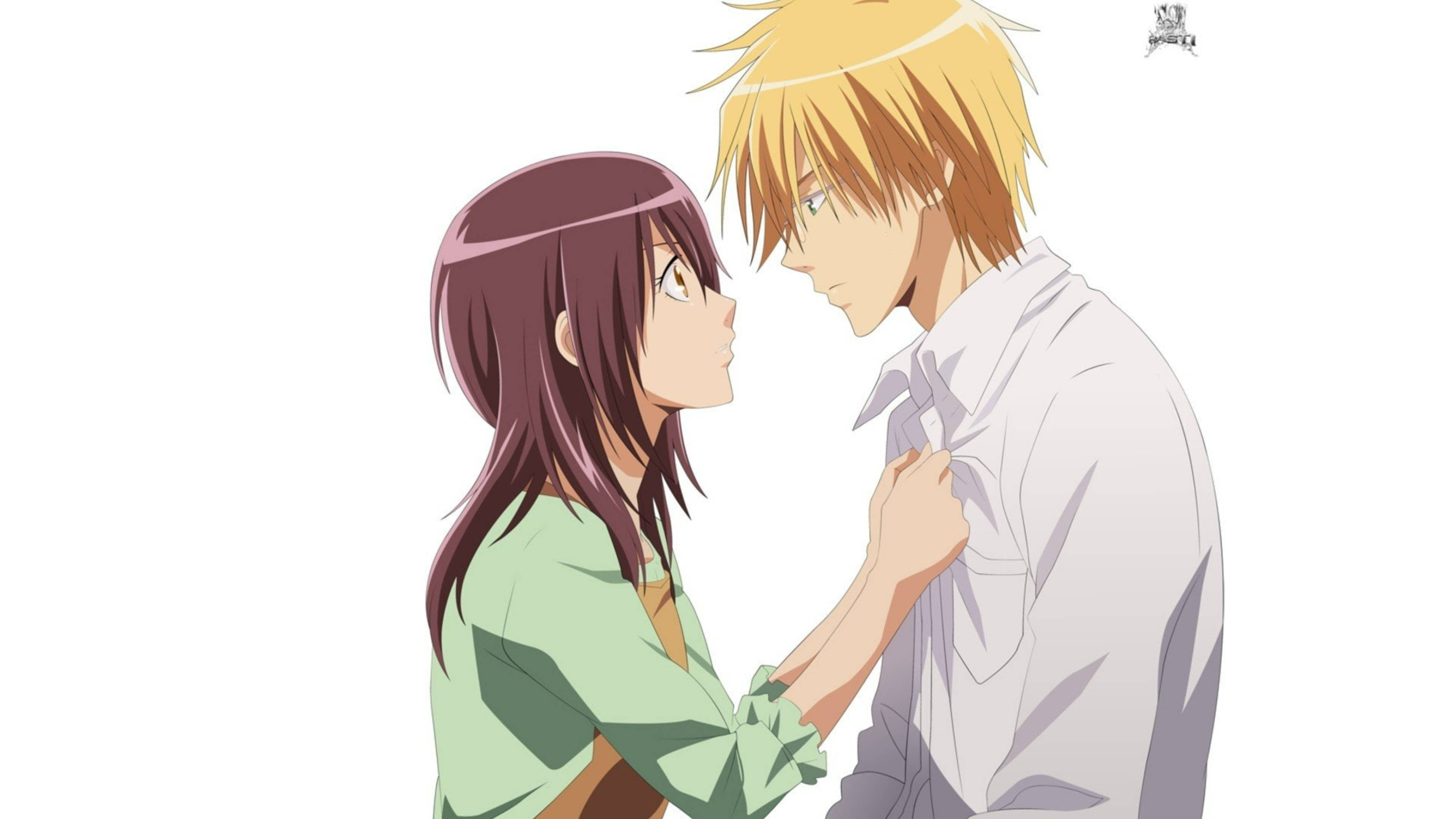 Maid Sama Usui 與 Misaki 壁紙 — 一個溫柔的動漫時刻，一個穿綠色衣服的女孩輕輕地抓住一個男孩的襯衫，他們在純白色背景上互相凝視。