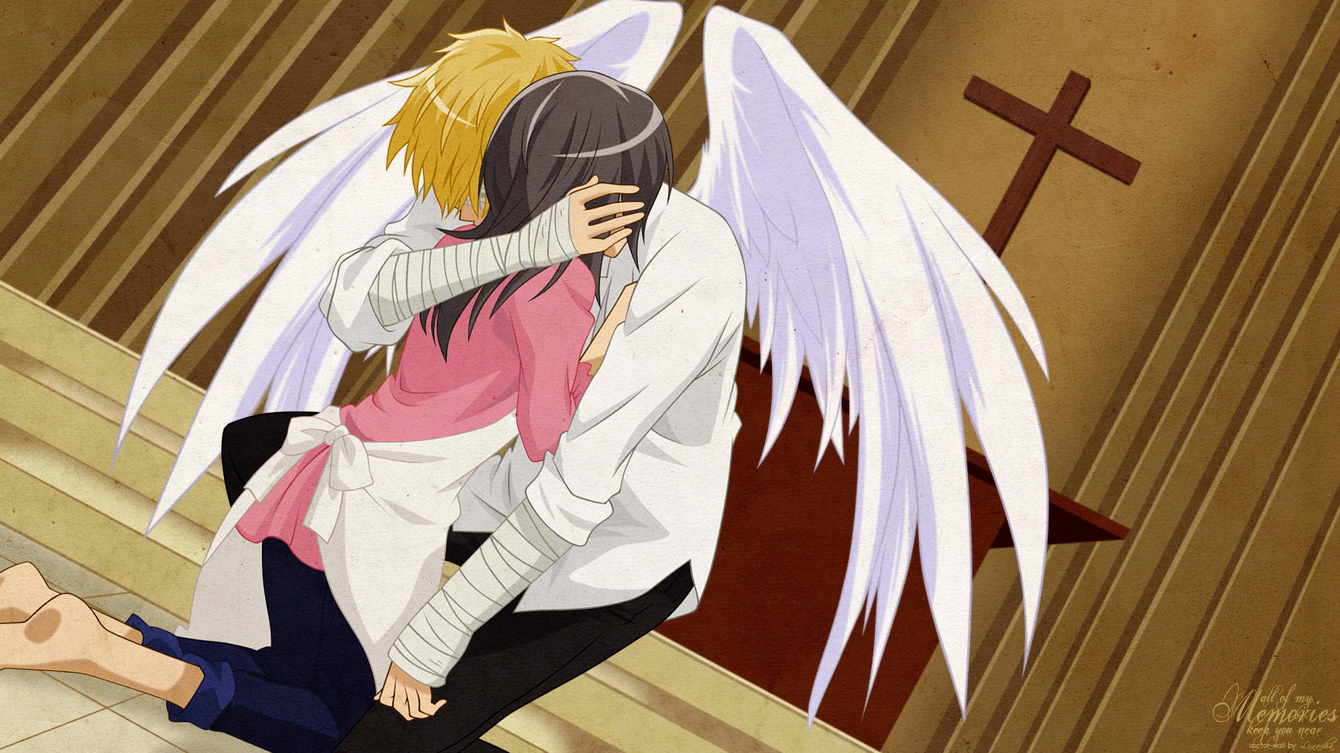 Maid Sama 上杉風太郎白翼 壁紙 — 一位金髮天使，白色翅膀，在木樓梯上靠近十字架，擁抱一位穿粉紅色襯衫的深色頭髮的人。