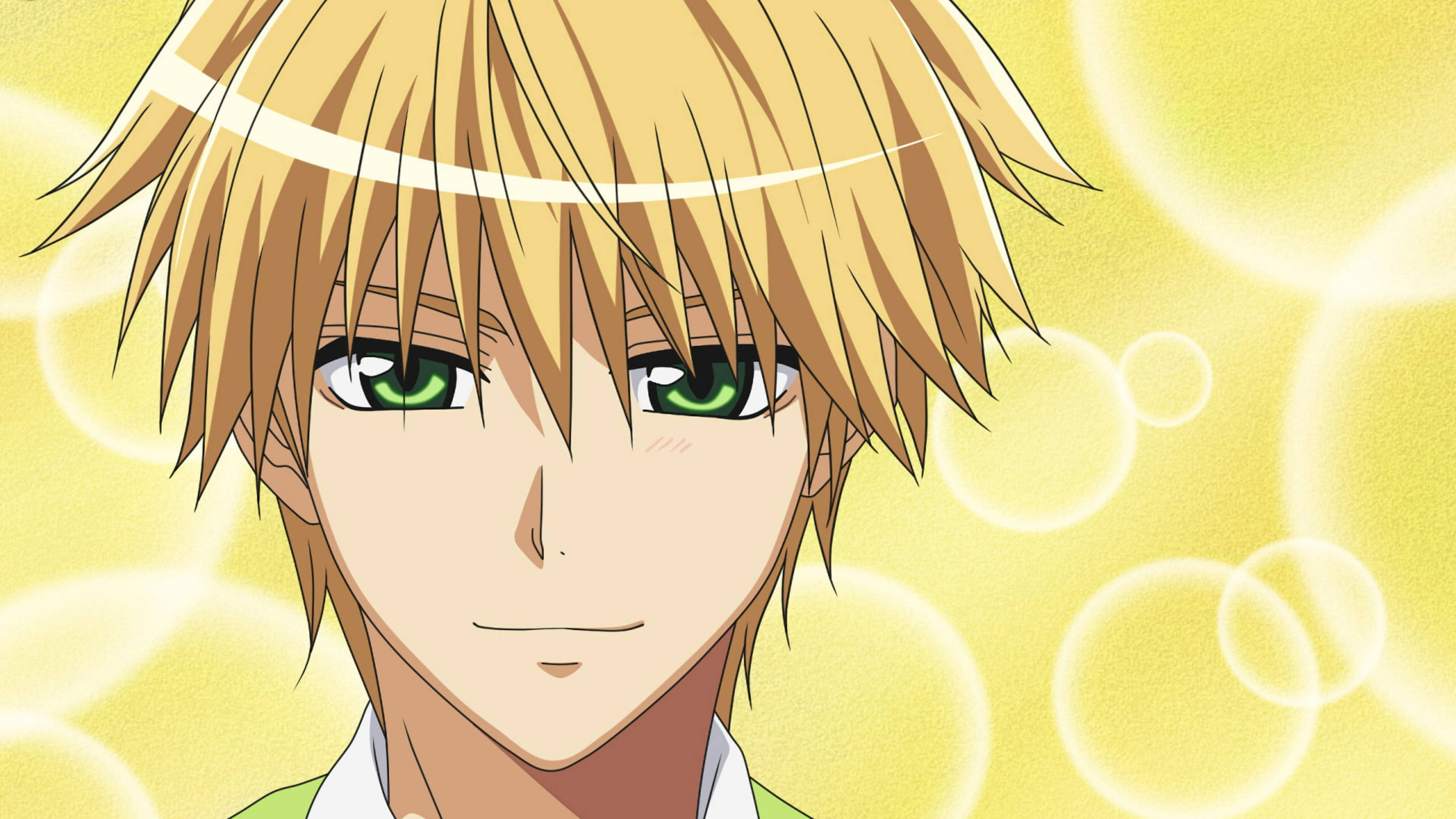 Maid Sama 上杉風太郎與氣泡 壁紙 — 動漫男孩，金色尖刺頭髮，綠色眼睛，在發光的黃色泡泡背景前溫柔微笑。