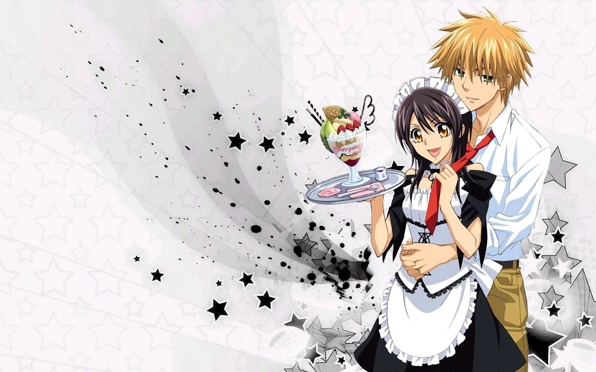 《 Maid Sama 》動漫情侶壁紙 壁紙 — 一位開心的動漫女僕和一位金髮男性角色在星光四濺的背景前拿著甜點托盤擺姿勢。