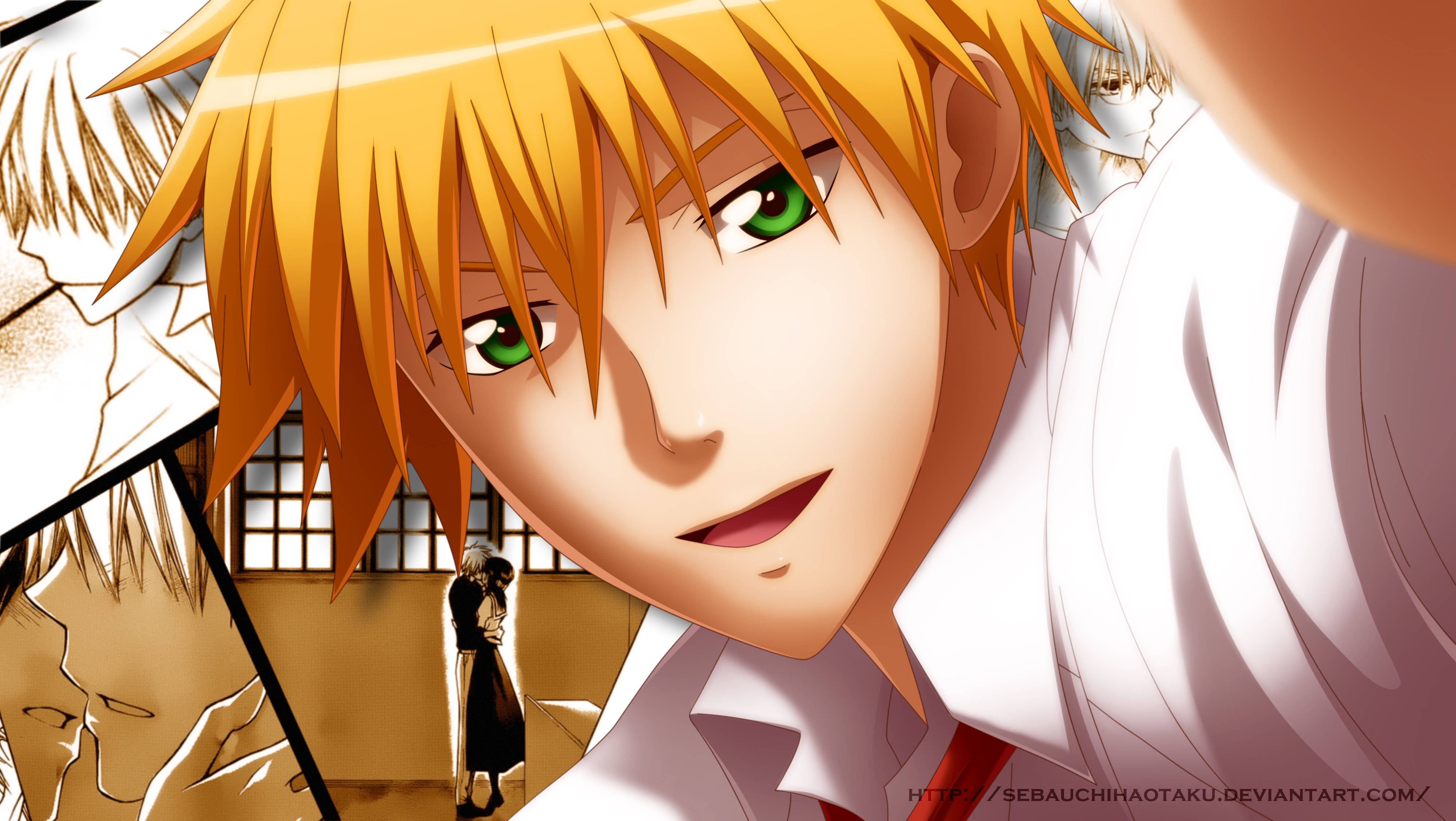《 Maid Sama 》宇治川太坤偷窺鏡頭 壁紙 — 一個金髮綠眼男性角色的特寫動畫肖像，帶著自信的假笑，背景是漫畫風格場景的拼貼畫。