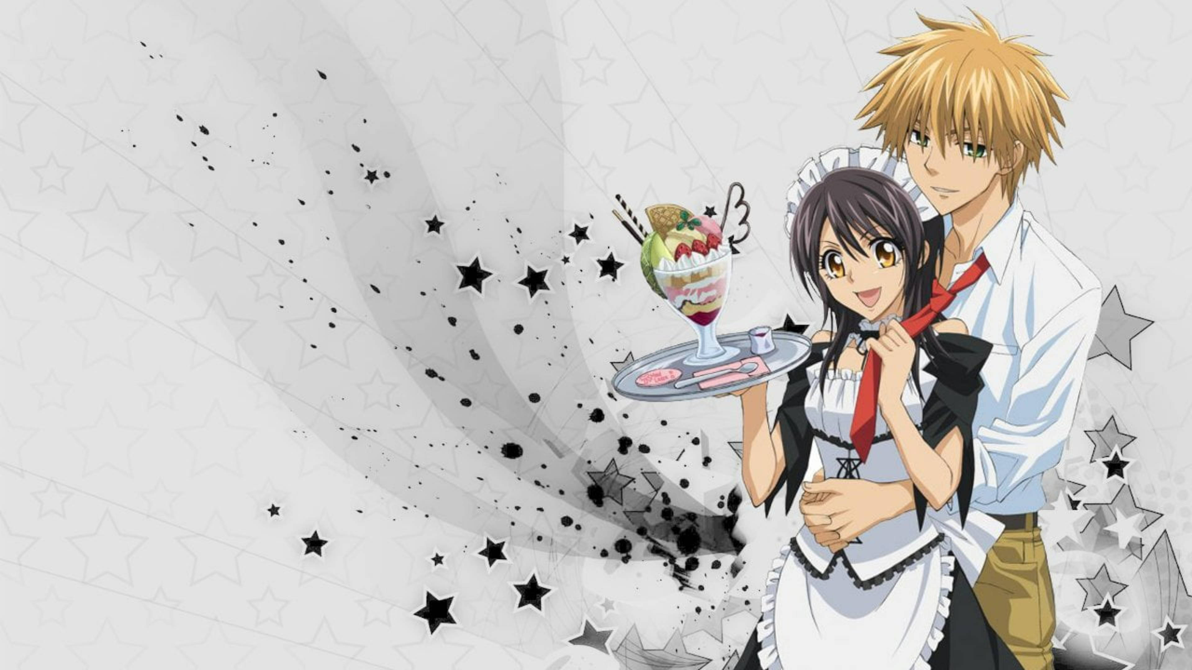 《 Maid Sama 》宇治川太坤與愛崎美咲 壁紙 — 動畫情侶穿著女僕裝在星空黑色潑濺背景下提供甜品。