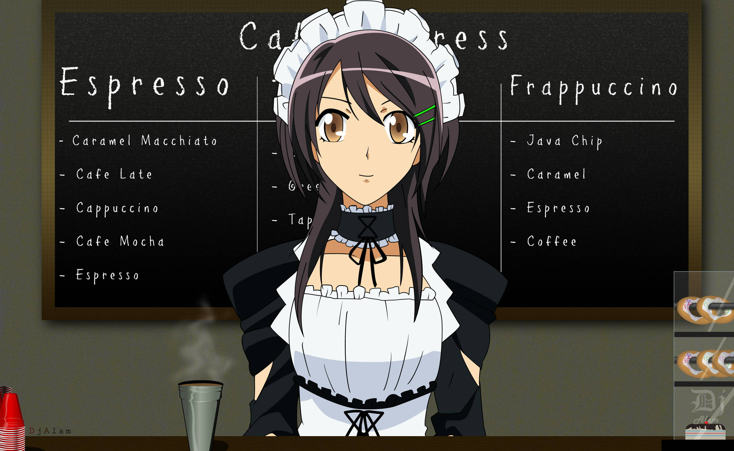 《 Maid Sama 》愛崎美咲於 Maid Latte 咖啡廳 壁紙 — 動漫女僕站在咖啡櫃檯後面，菜單板上列出濃縮咖啡飲品和糕點，營造舒適的咖啡館環境。