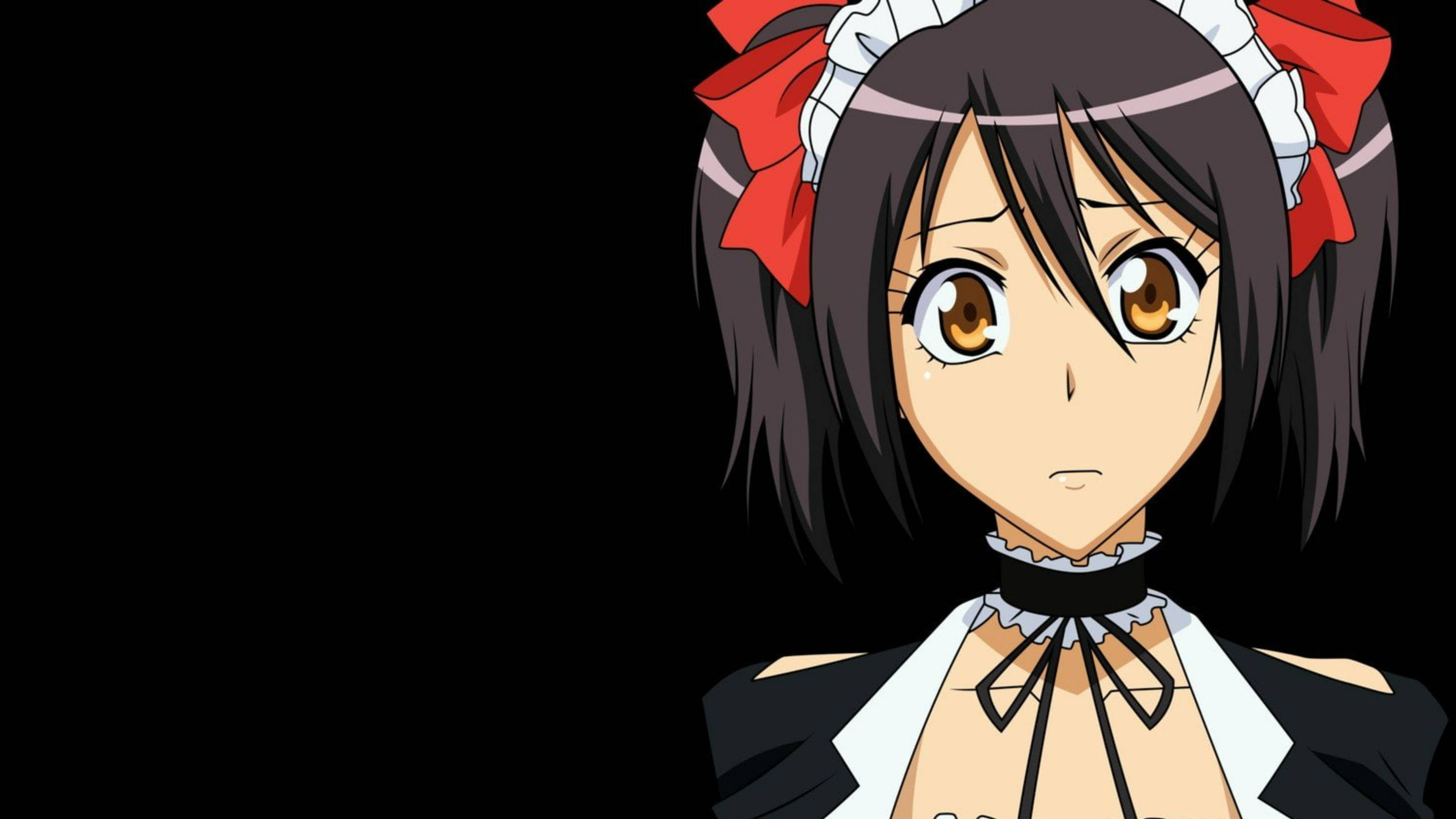 《 Maid Sama 》愛崎美咲漫畫造型 壁紙 — 動漫女僕裝女孩，紅色蝴蝶結，棕色眼睛，直視黑色背景。