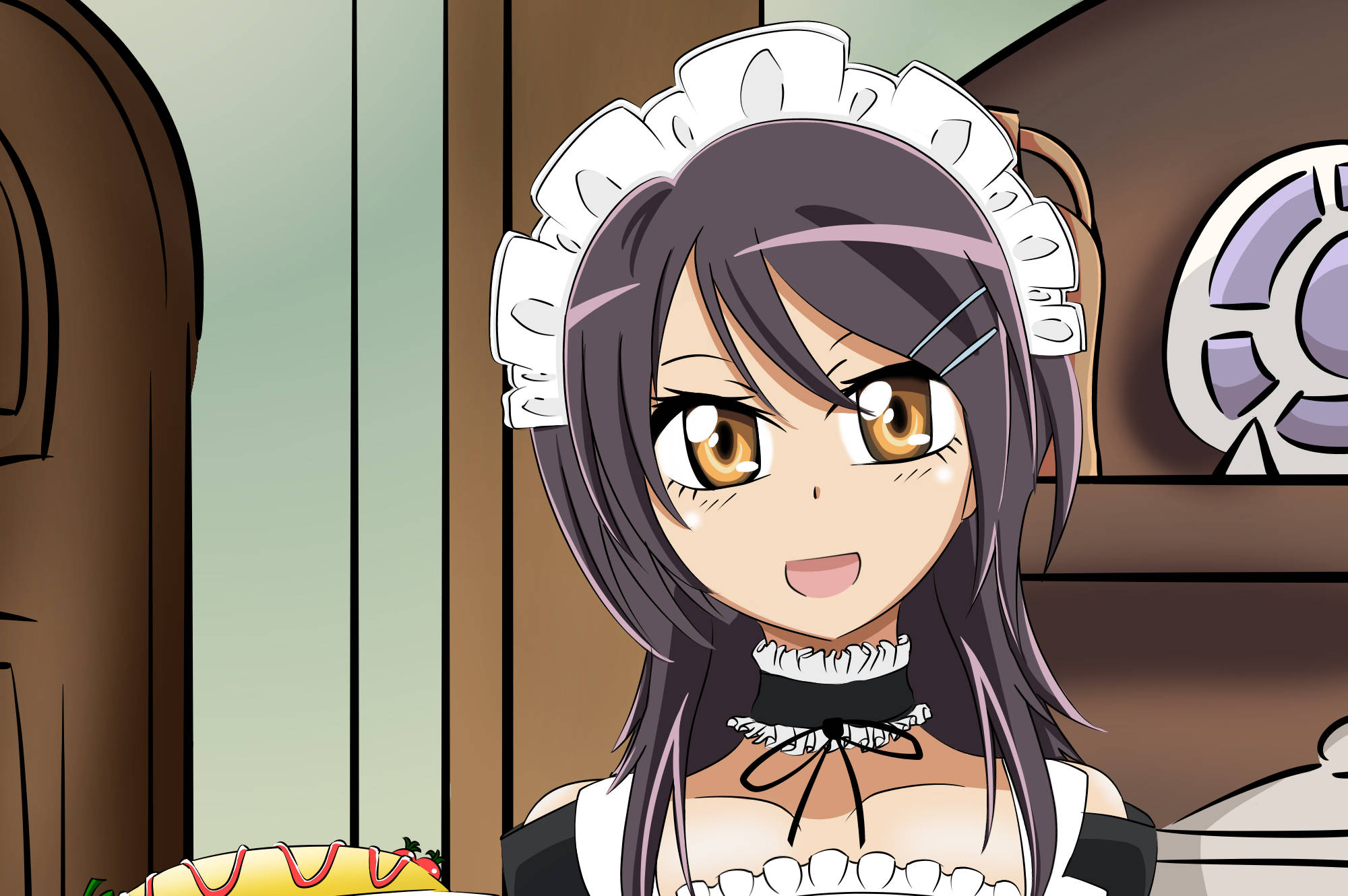 Maid Sama! 早坂愛明亮雙眼 壁紙 — 黑髮金眼的動漫女僕在舒適的廚房環境中溫暖地微笑。