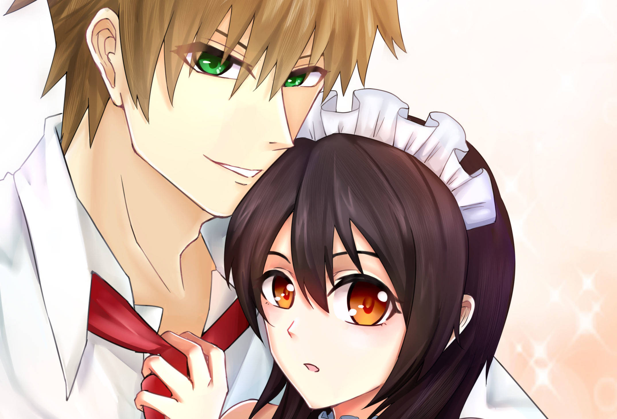《 Maid Sama 》涼介與美咲親密相擁 壁紙 — 一對溫柔的動漫情侶，擁有綠色和琥珀色的眼睛，在柔和發光的背景下分享親密時刻。