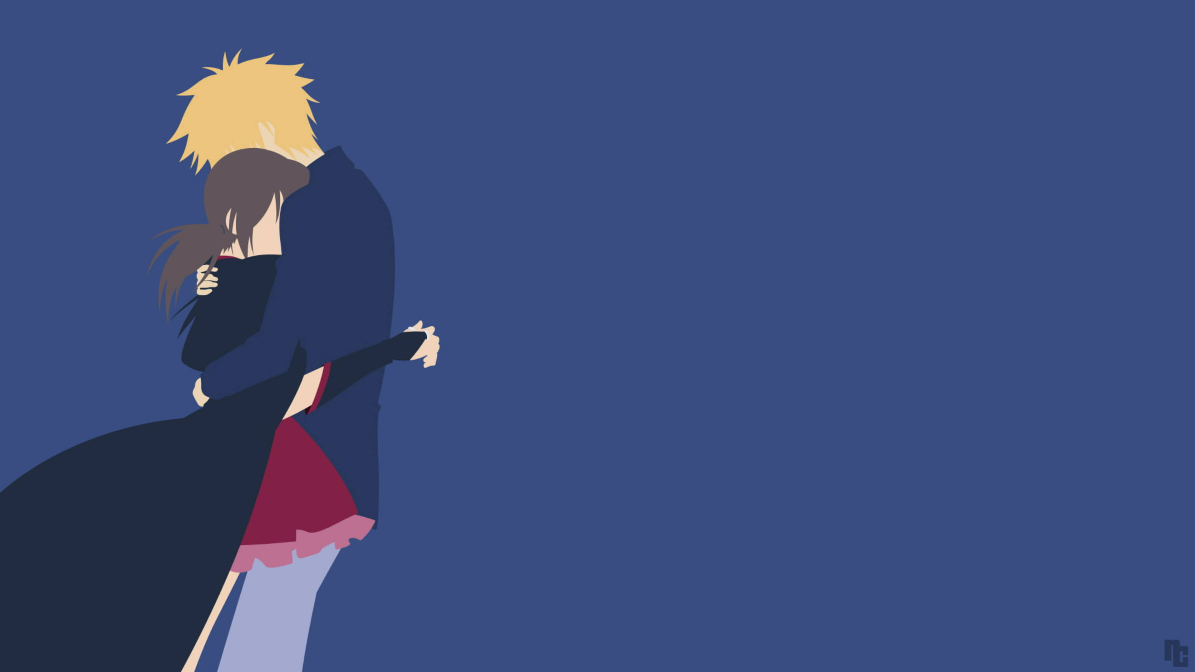 Maid Sama 藍色極簡主義藝術 壁紙 — 一對極簡動漫情侶在純藍色背景前擁抱，擁有風格化的尖刺頭髮和飄逸的黑色斗篷。
