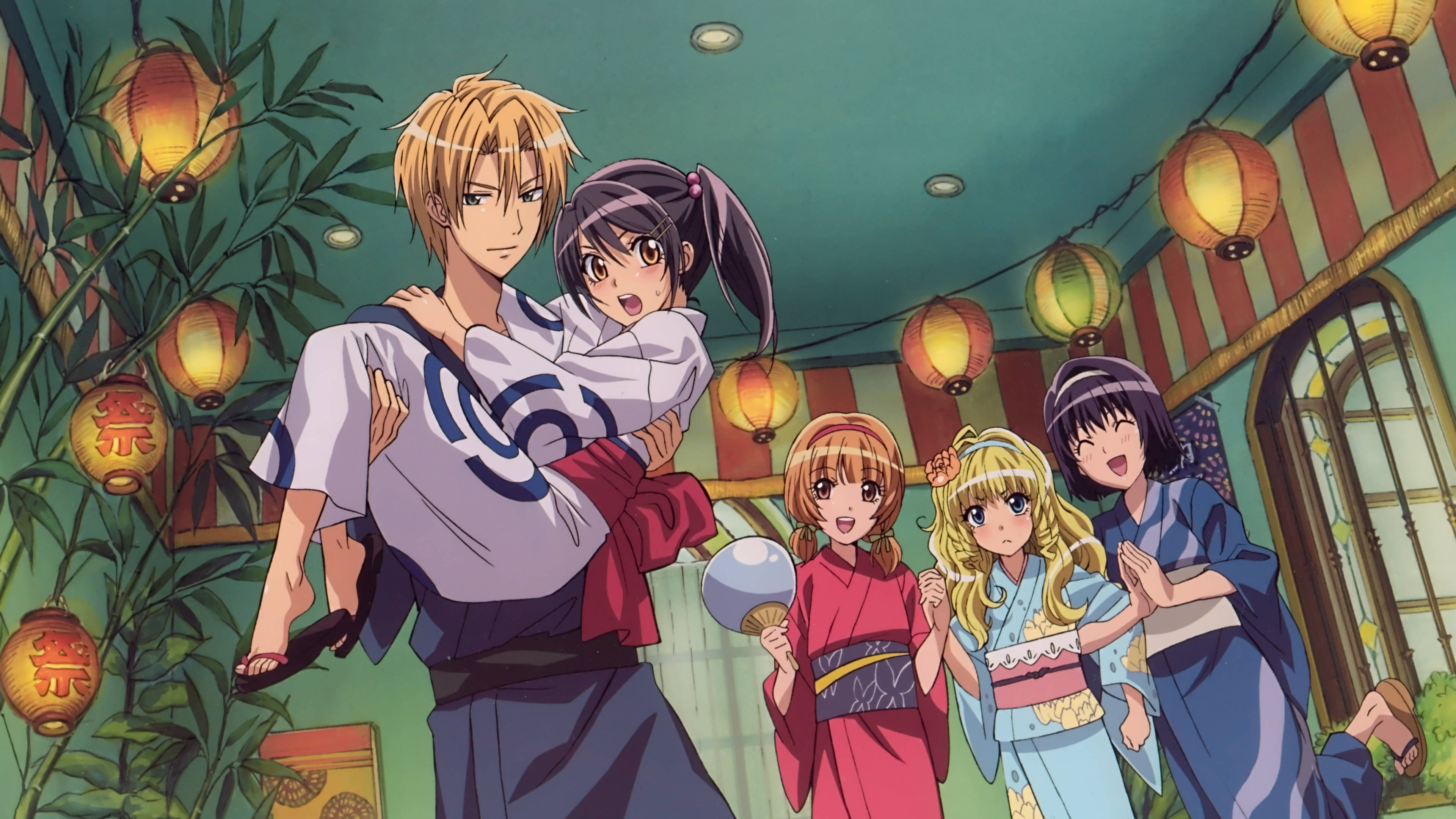 Maid Sama 角色穿和服 壁紙 — 動漫角色穿著傳統日本服飾，在發光的紙燈籠下溫暖地聚集在節日室內環境中。