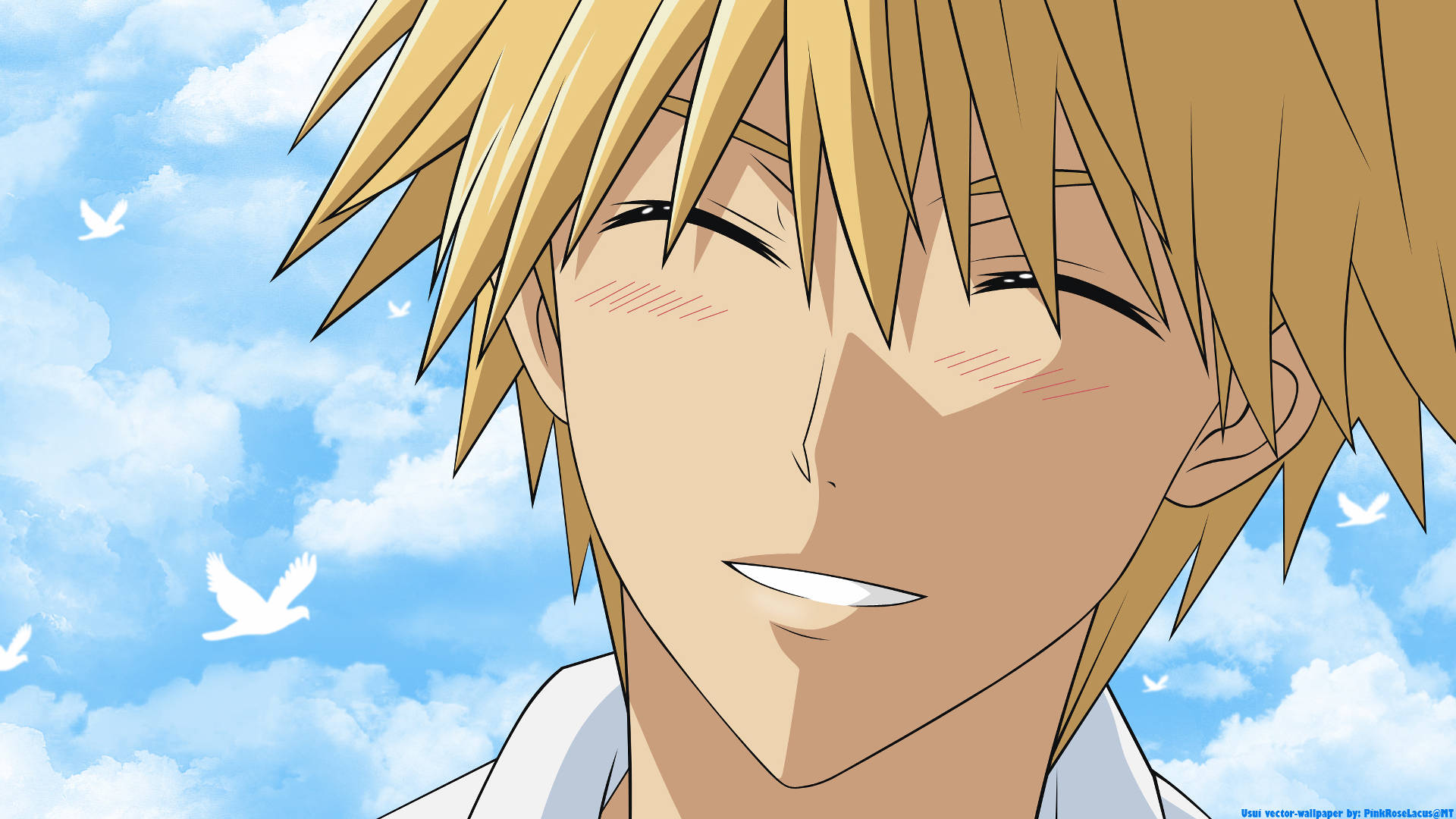 《 Maid Sama 》高橋涼介開心大笑 壁紙 — 一個開朗的動漫男孩，有著尖刺金髮，在充滿白雲和飛鳥的明亮藍天下溫柔微笑。
