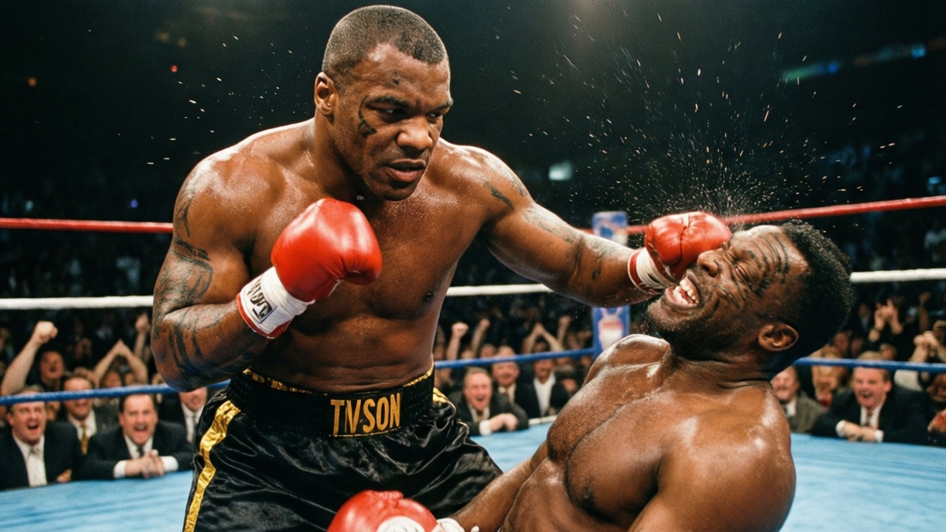 Knockout Blow 壁紙 — 邁克·泰森在燈光明亮的拳擊場中向對手發出強力一拳，興奮的觀眾在觀看。