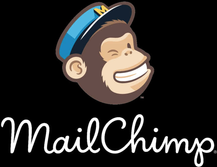 Mailchimp標誌與吉祥物 壁紙 — 一隻戴著藍黑相間帽子、上有黃色「M」字的開心卡通猴子，在黑色背景上咧嘴大笑，下方有白色草書文字 MailChimp。