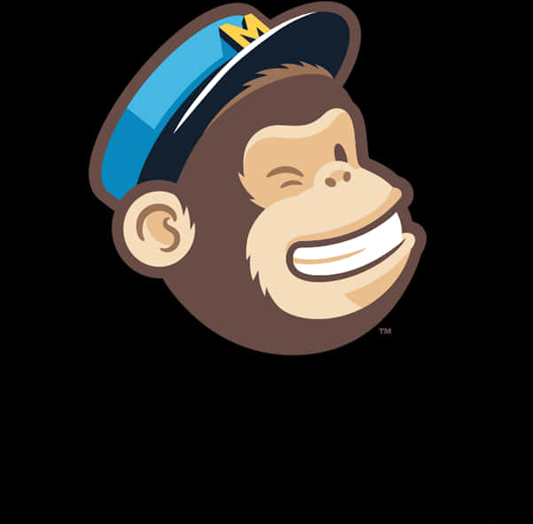 Mailchimp 吉祥物標誌 壁紙 — 一隻戴著藍色帽子、上有黃色「M」標誌的開心卡通猴子，在黑色背景前咧嘴大笑。