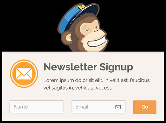 Mailchimp 訂閱電子報表單 壁紙 — 一隻戴著藍色帽子的開心卡通猴子在一個包含姓名和電郵欄位的電子報註冊表格上方微笑。