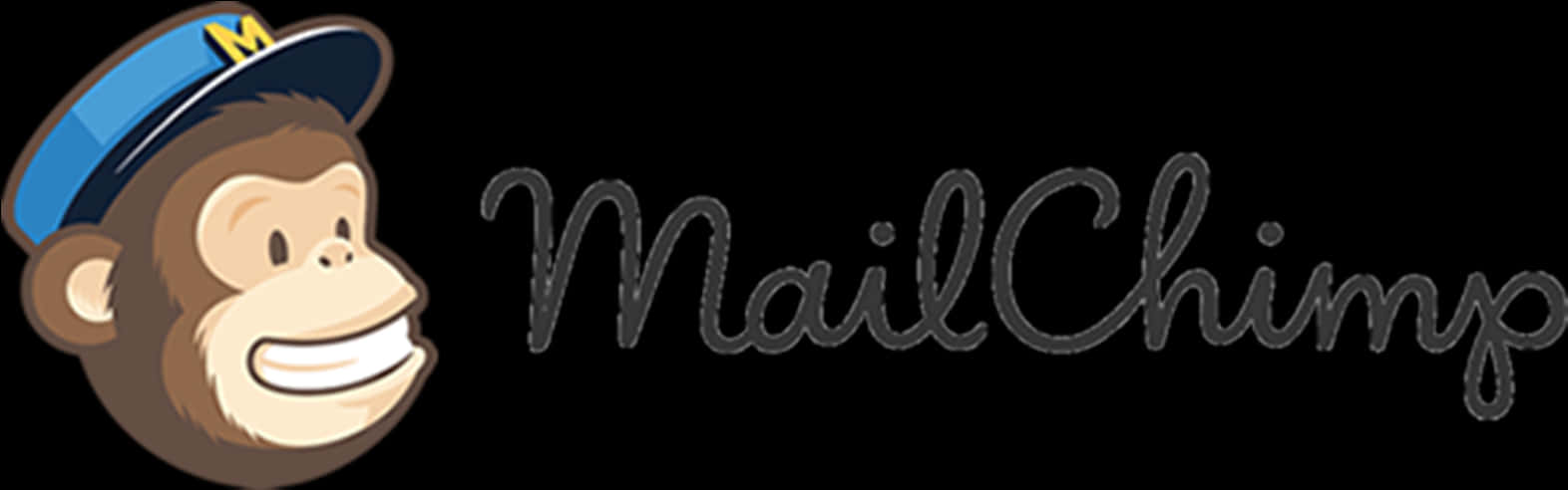 Mailchimp 標誌配猴子吉祥物 壁紙 — 一隻戴著藍色帽子、上有黃色M標誌的開心卡通猴子，旁邊是斜體MailChimp文字。