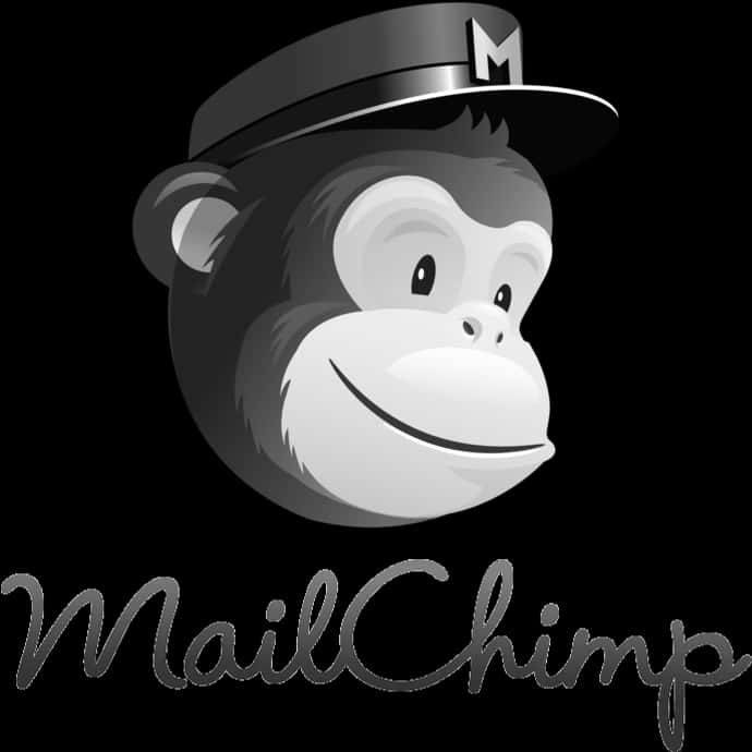 戴帽猴子 Mailchimp 標誌 壁紙 — 一隻戴著帶有M標誌帽子的快樂卡通猴子，在黑色背景上微笑，下方有MailChimp字樣。