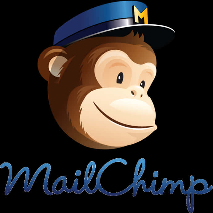 Mailchimp 標誌配吉祥物 壁紙 — 一隻戴著藍色帽子、上有黃色M標誌的開心卡通猴子，背景為黑色，並有藍色草書MailChimp文字。