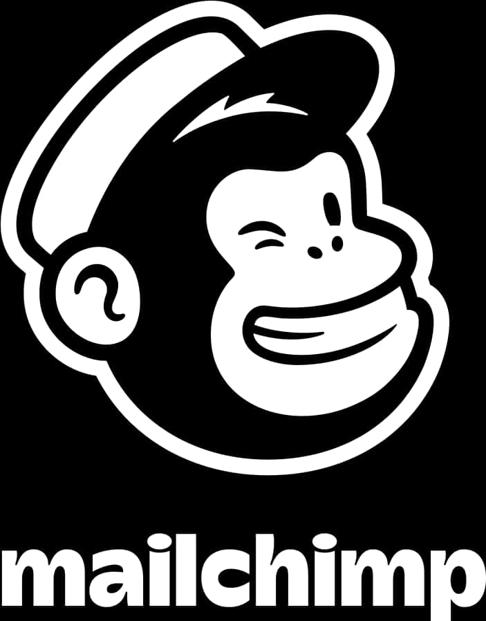 Mailchimp 黑白標誌 壁紙 — 一個大膽的黑白標誌，一隻戴著帽子的微笑猴子，下方有mailchimp字樣。