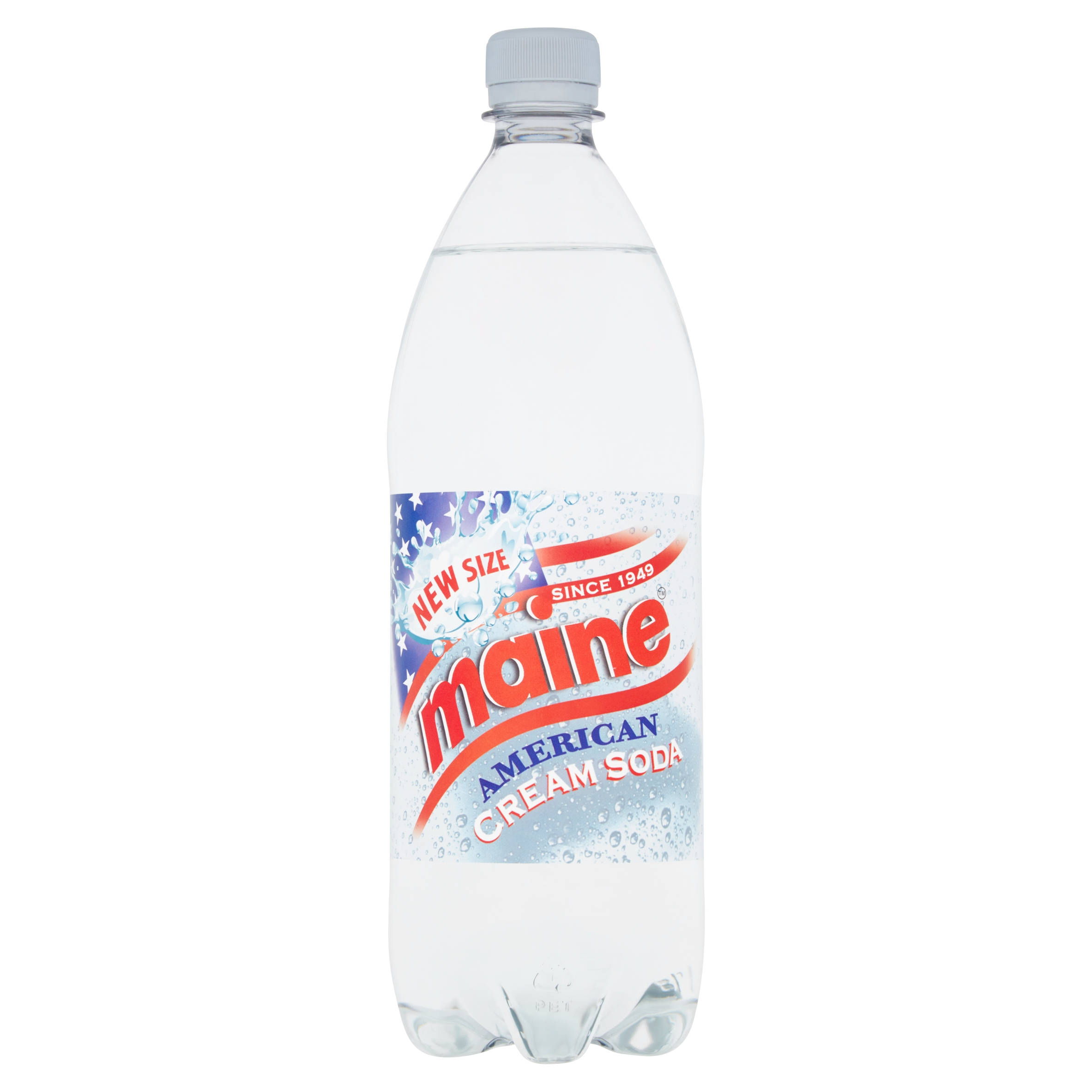 Maine 美式奶油蘇打飲料 壁紙 — 一個透明膠樽嘅Maine American Cream Soda，上面有紅、白、藍色標籤，企喺純白色背景前面。