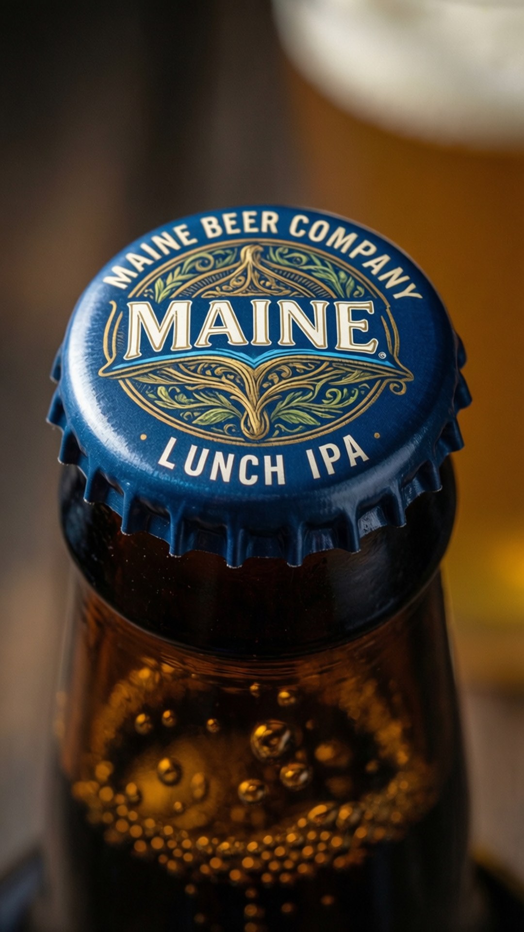 藍色Maine Beer Company Lunch IPA啤酒樽蓋，帶有金箔設計，下方為碳酸琥珀色啤酒。