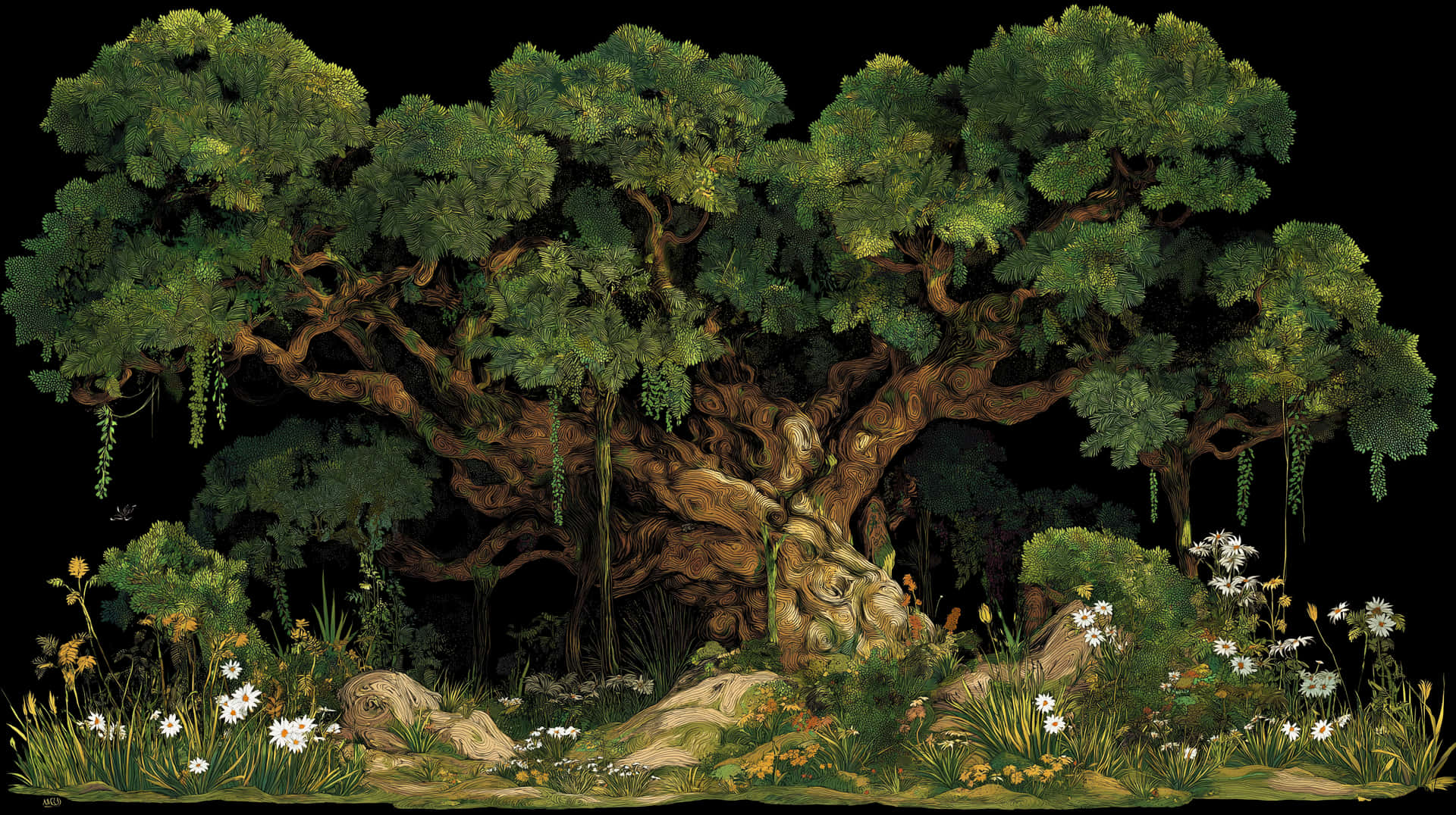 Majestic Ancient Tree with Lush Foliage and Forest Flora 壁紙 — 一棵雄偉的古樹，樹根盤根錯節，樹冠翠綠茂盛，在黑色背景襯托下，周圍環繞著野花和藤蔓。